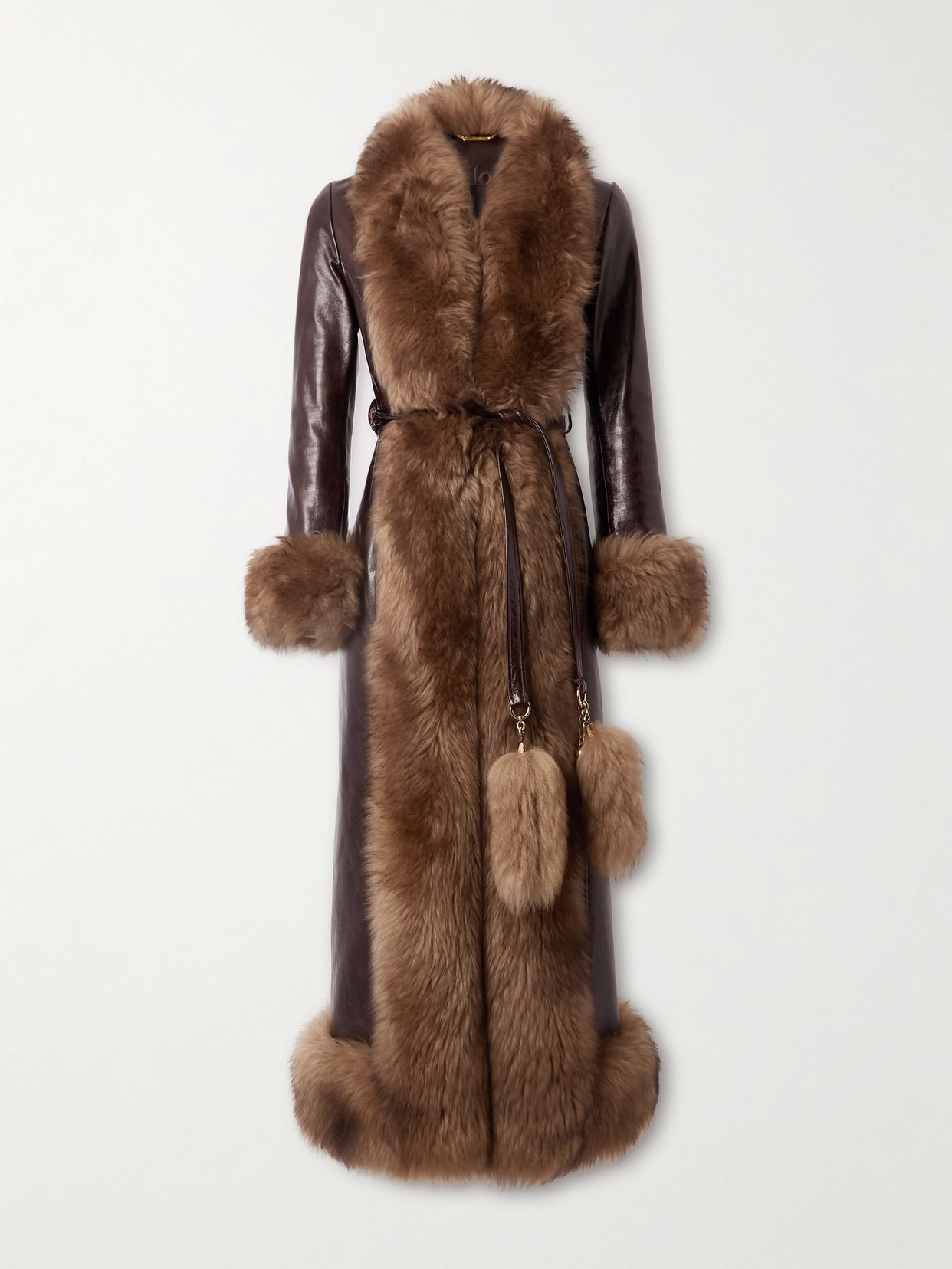 Chloé Lamb Shearling-trim Shiny Leather Long Coat In Brown