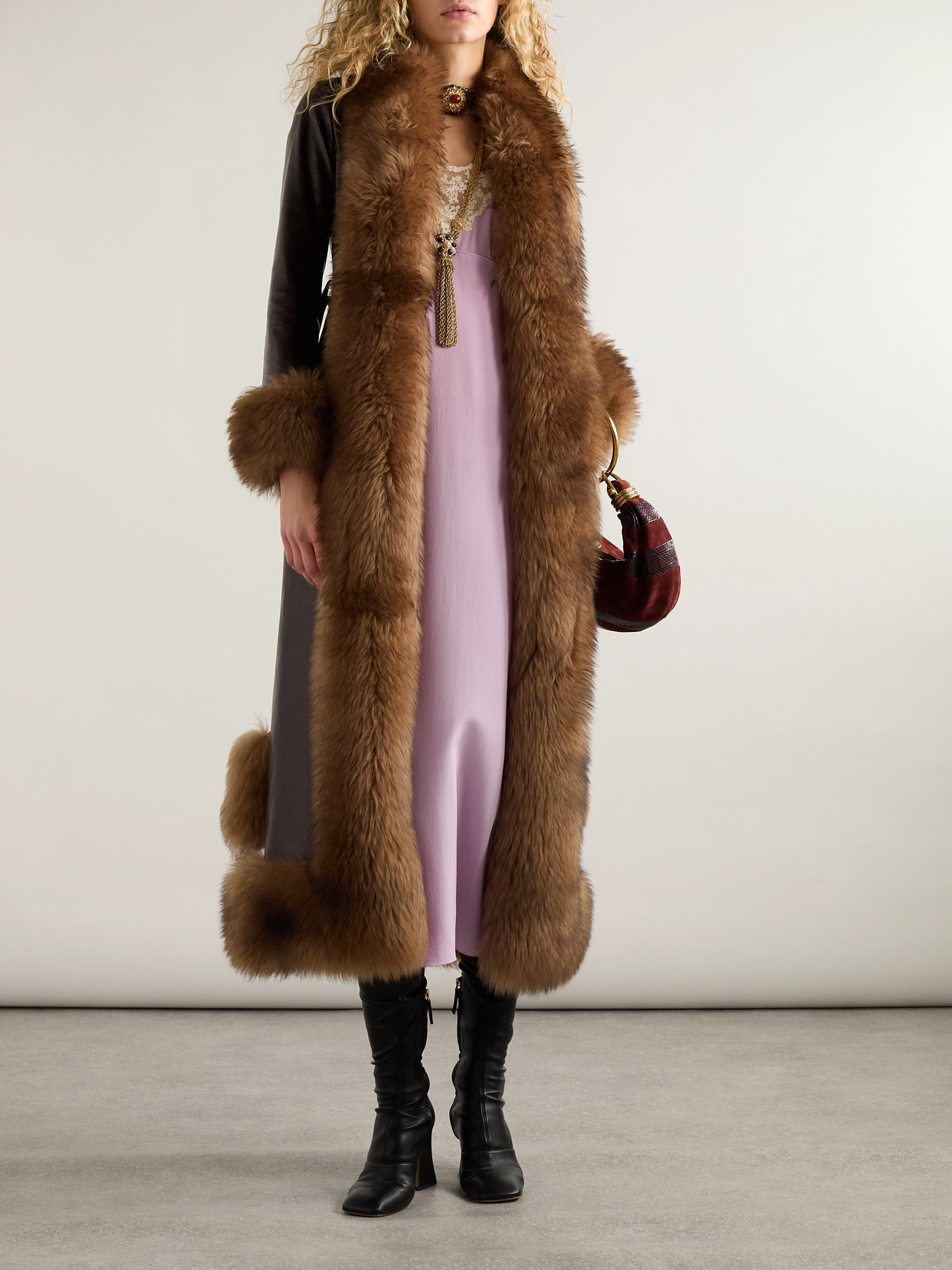 Chloé Lamb Shearling-trim Shiny Leather Long Coat In Brown
