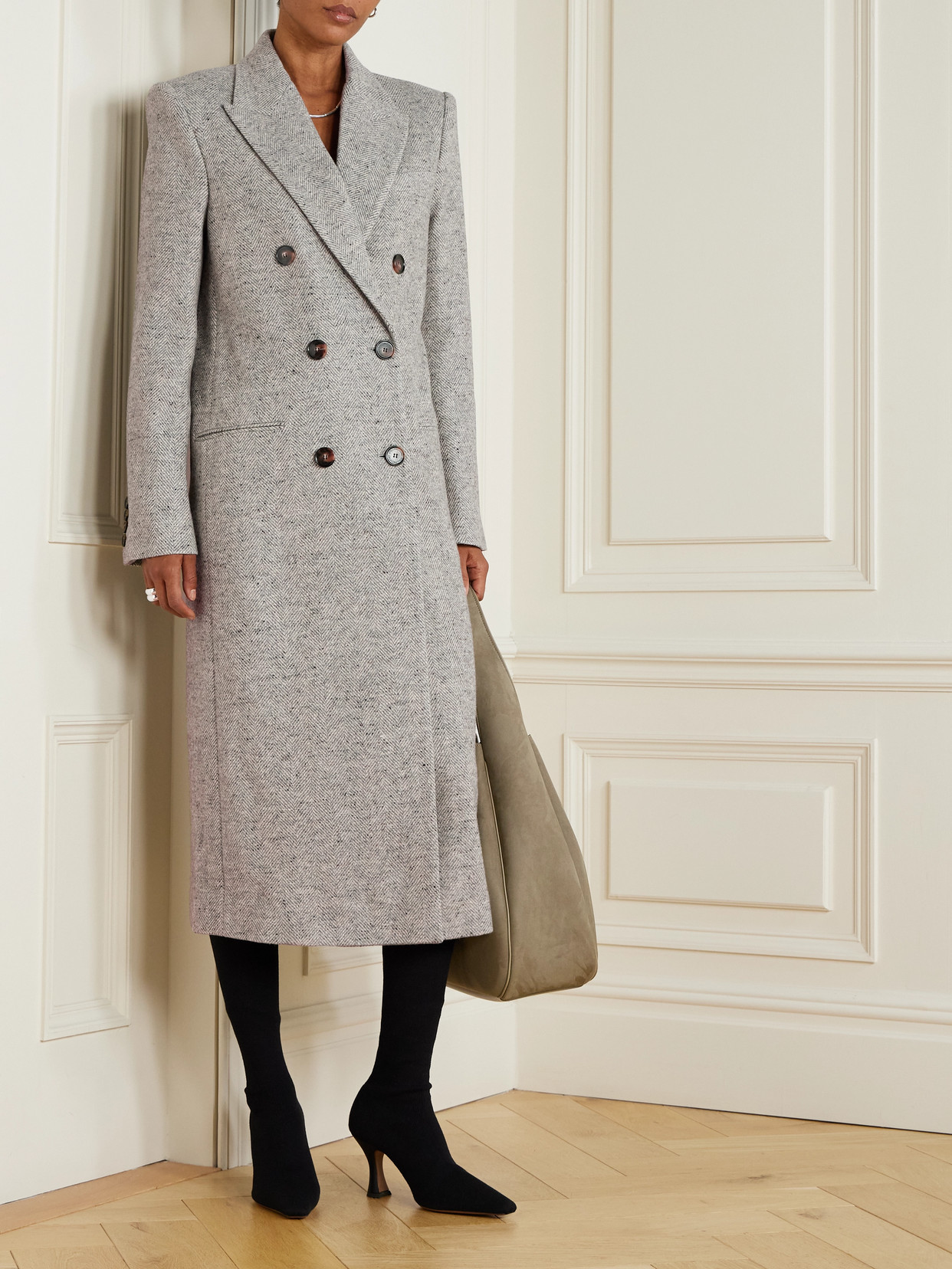 Stella Mccartney Double-breasted Herringbone Wool And Silk-blend Coat In Gray