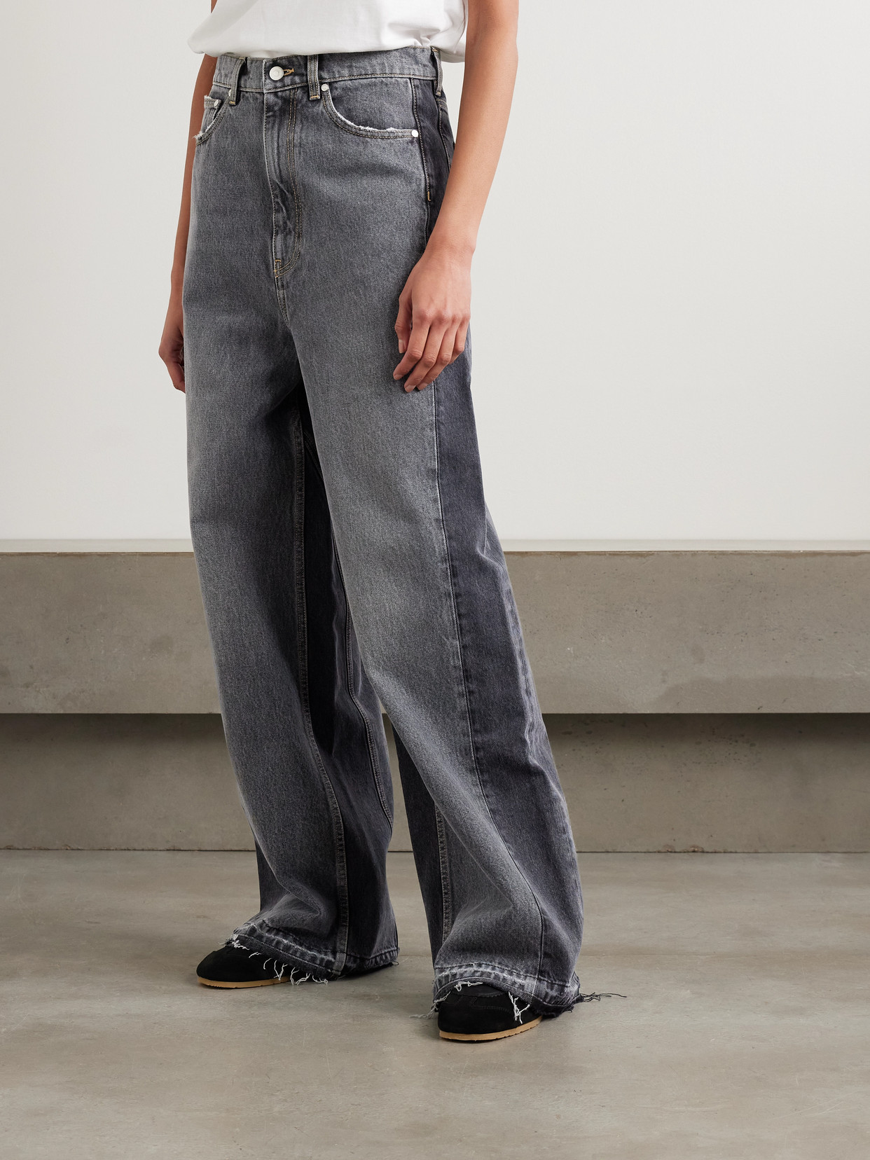 Frayed Two-Tone Mid-Rise Wide- Leg