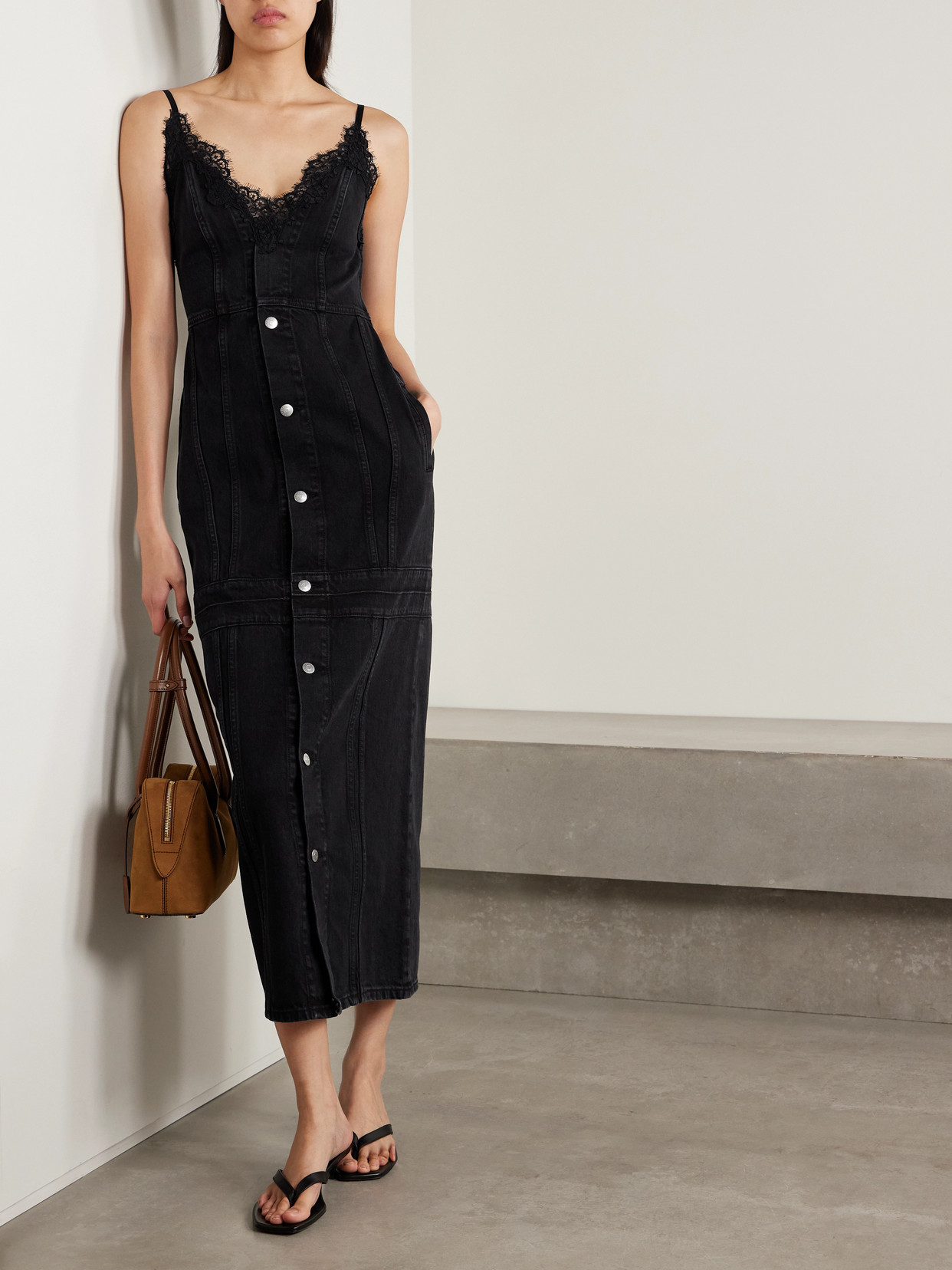 Stella Mccartney Lace-trimmed Paneled Organic Denim Midi Dress