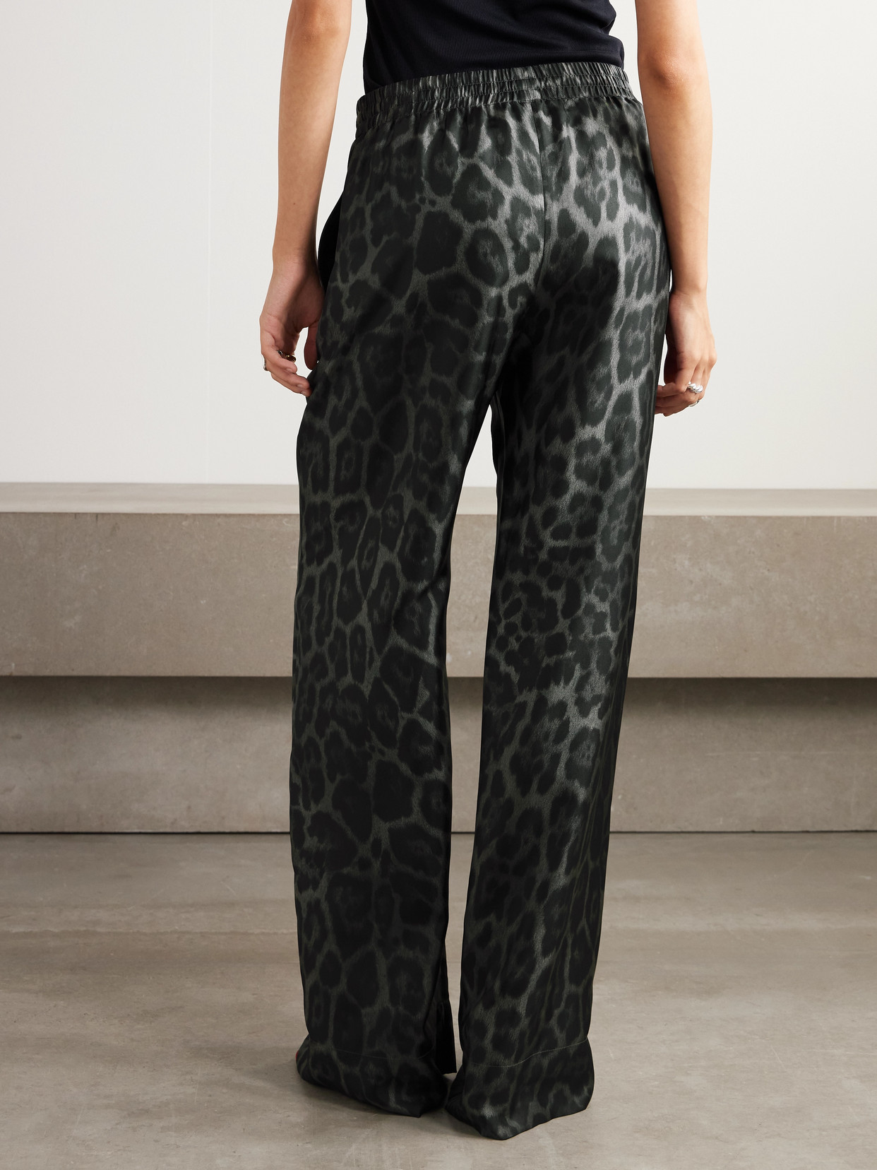 Stella Mccartney Leopard-print Organic Silk-satin Wide-leg Pants In Black