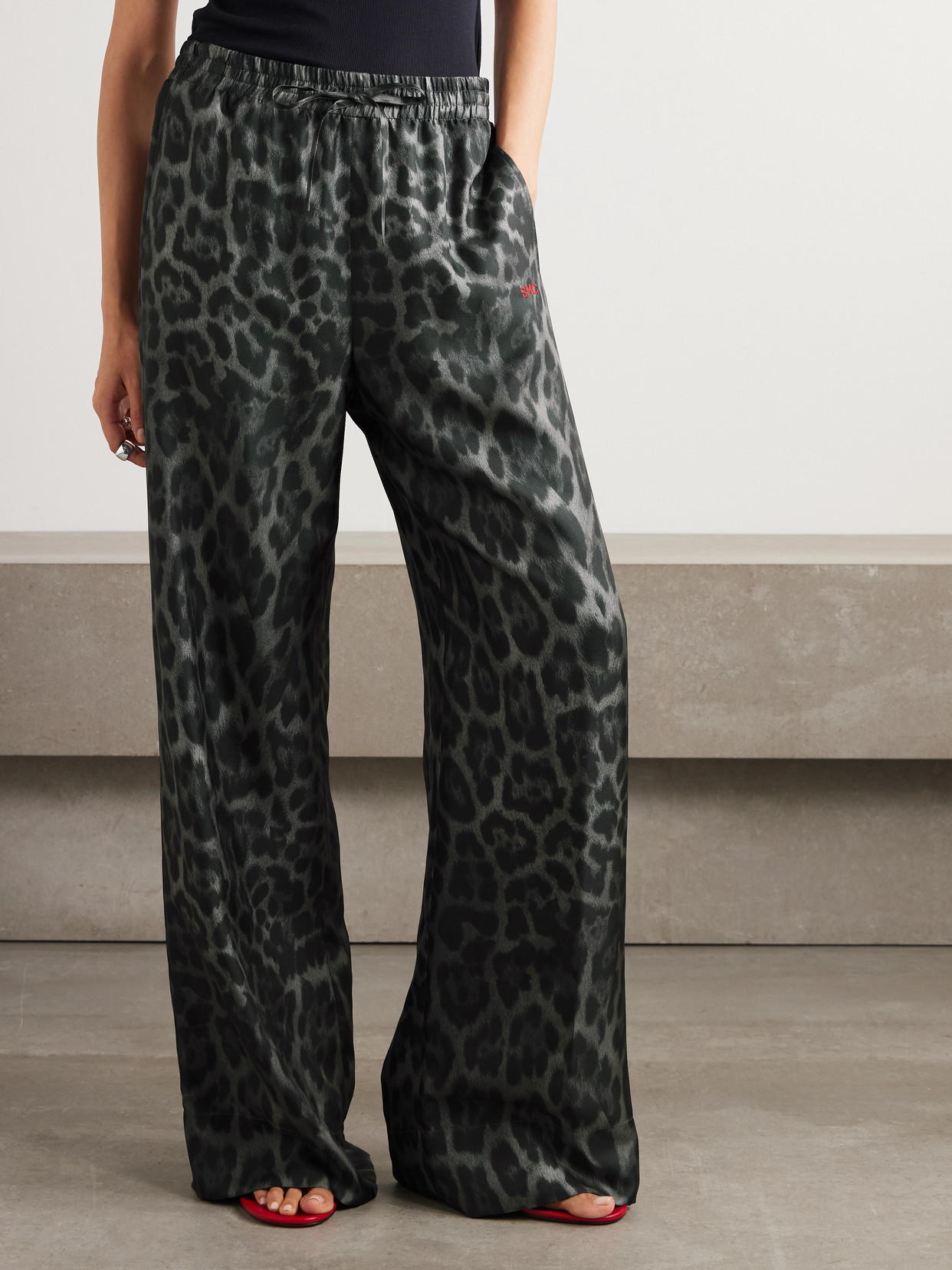 Stella Mccartney Leopard-print Organic Silk-satin Wide-leg Pants In Black