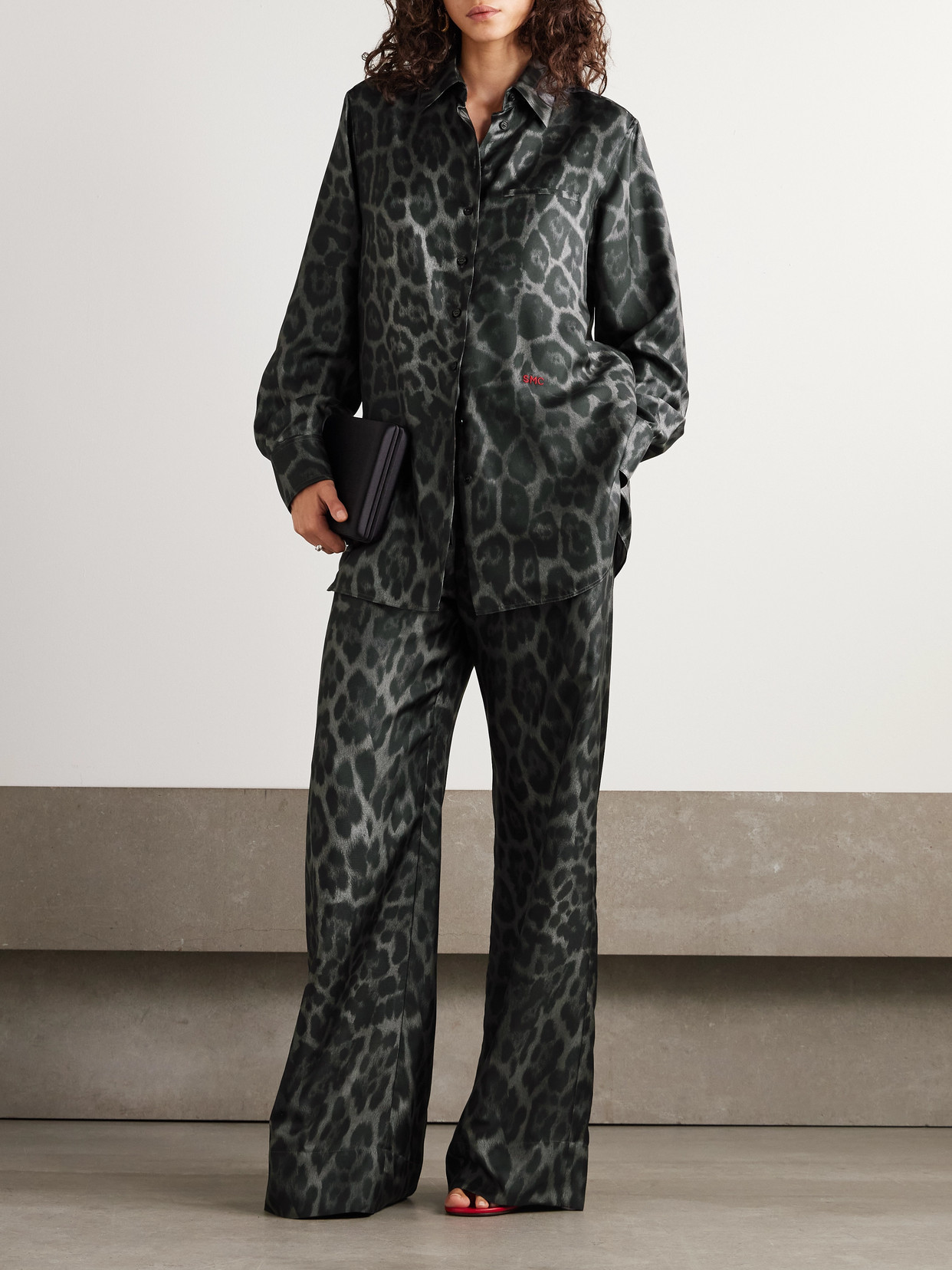 Stella Mccartney Leopard-print Organic Silk-satin Wide-leg Pants In Black