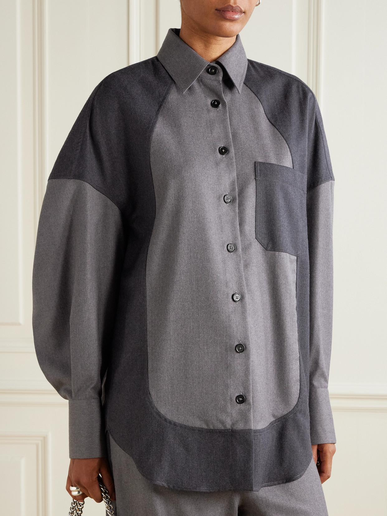 Stella Mccartney Flannel Wool Shirt With Color Block Design In Gray