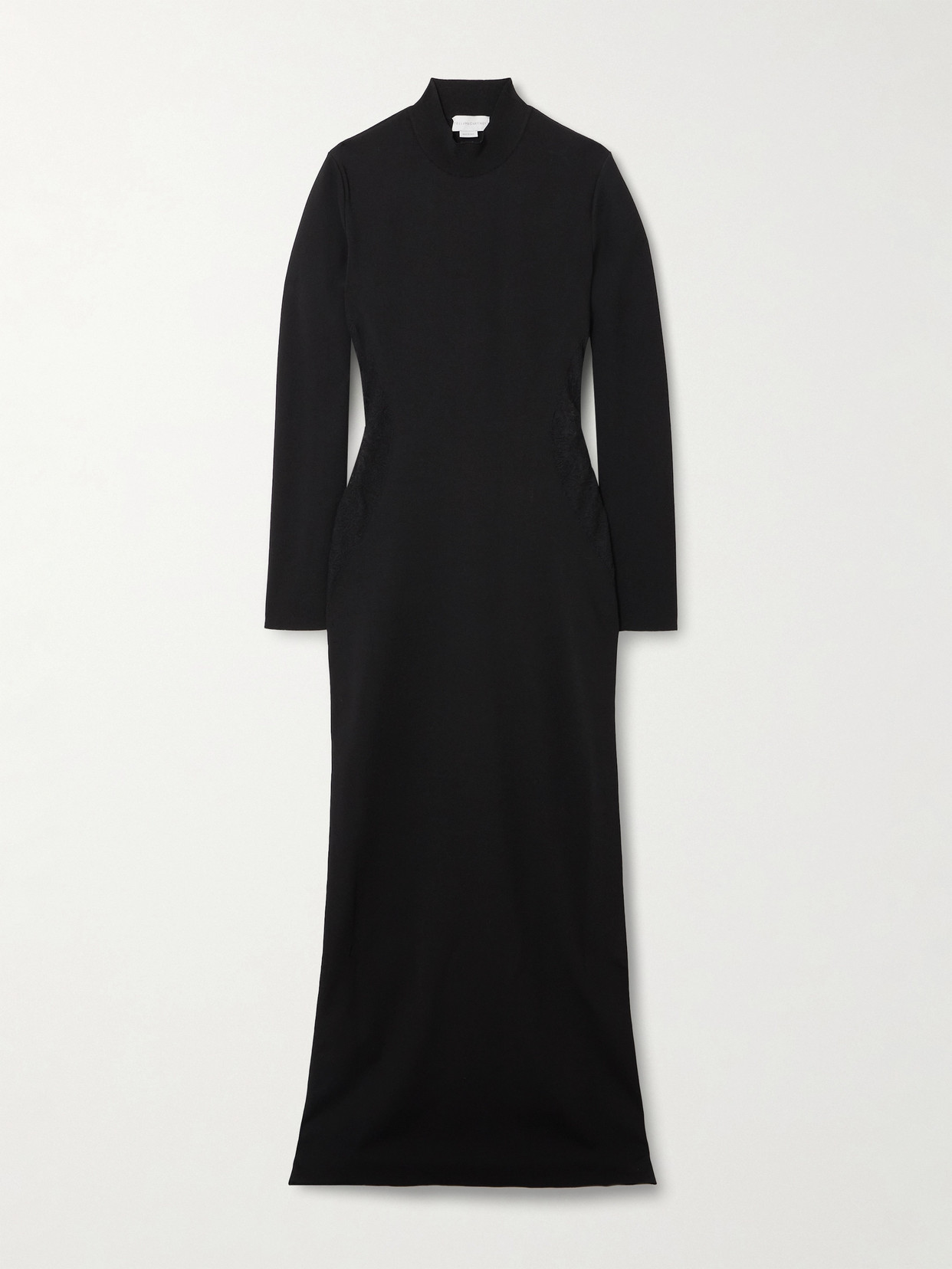 Stella Mccartney Paneled Lace-trimmed Stretch-knit Turtleneck Maxi Dress In Black
