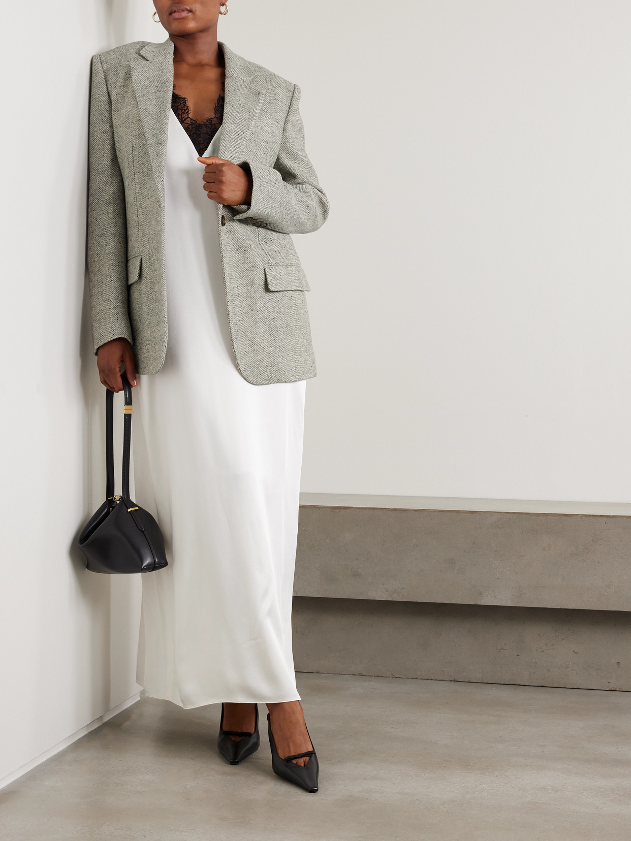 Stella Mccartney Womens Grey Melange Cream Herringbone Single-breasted Wool And Silk Blazer In Gray