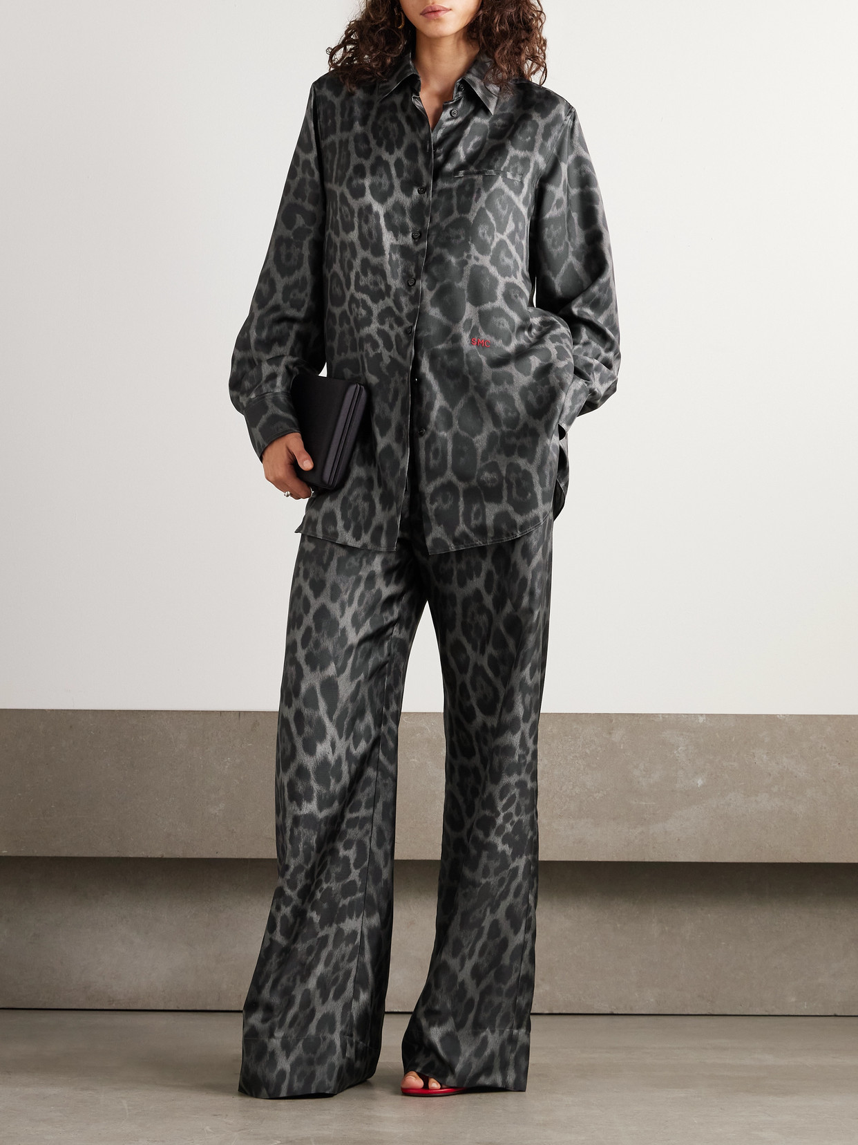 Stella Mccartney Womens Ash Grey Leopard Brand-embroidery Silk Shirt