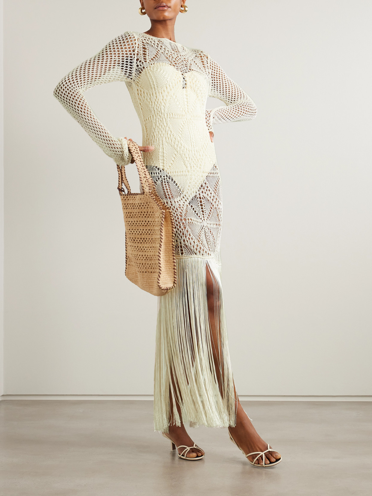 Stella Mccartney Fringed Crochet Maxi Dress In White