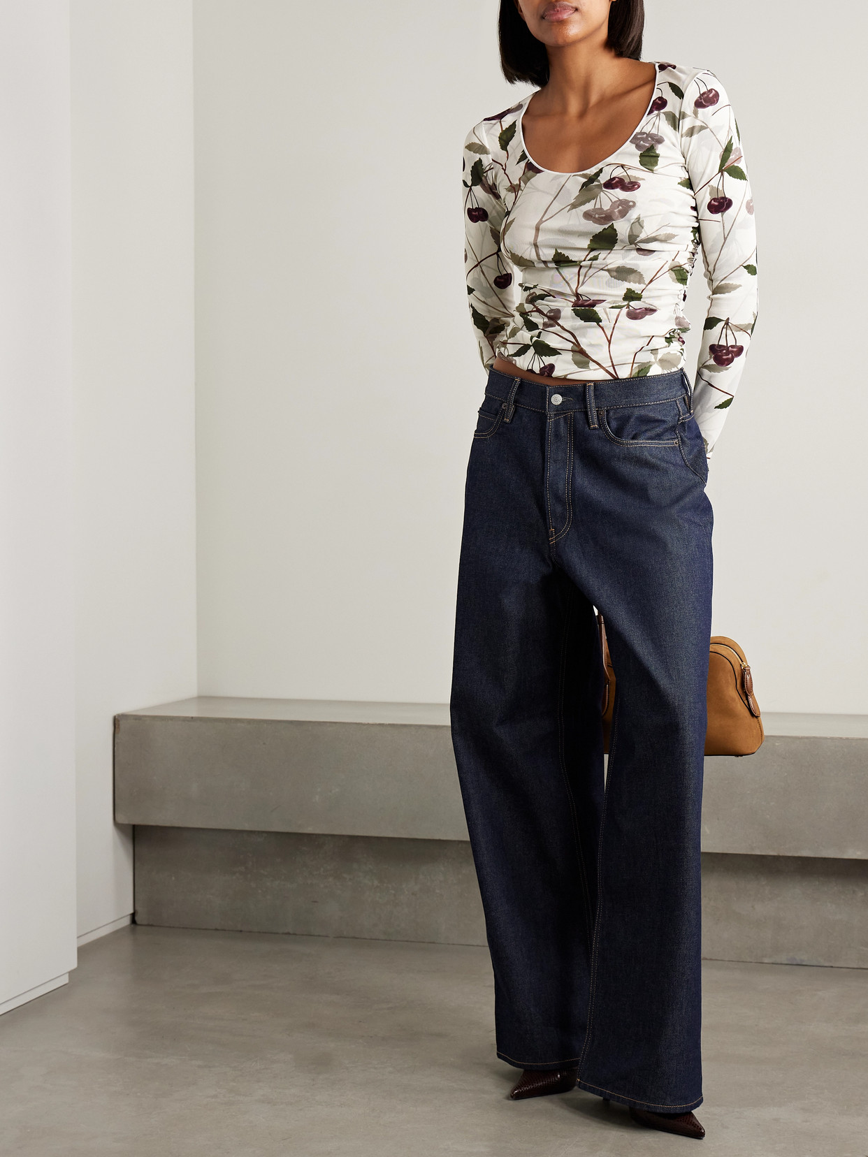 Stella Mccartney Cherry Print Mesh Long Sleeve Top In Multi