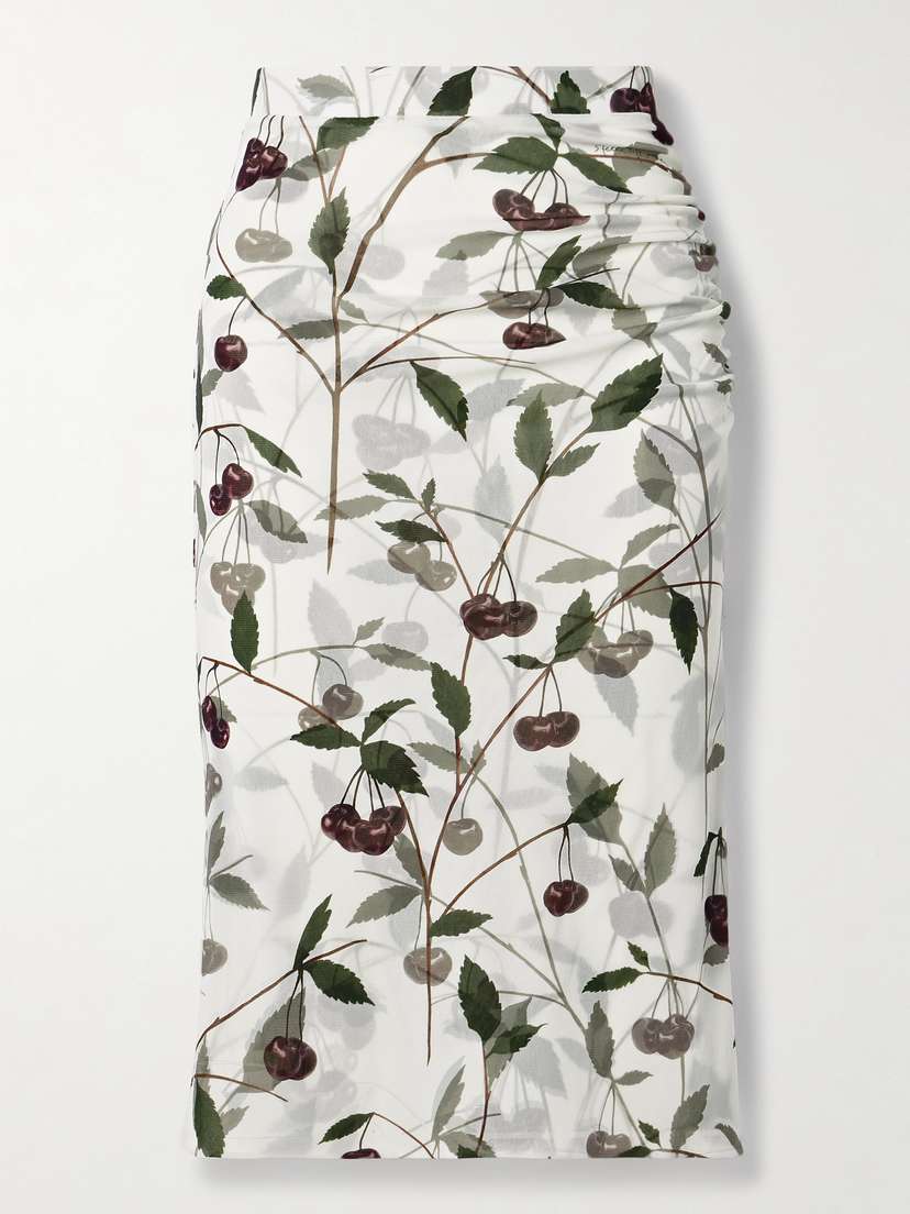 Stella McCartney Ruched Printed Stretch-mesh Midi Skirt