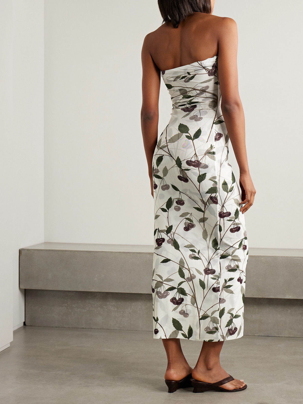 Shop Stella Mccartney Strapless Ruched Printed Stretch-mesh Maxi Dress