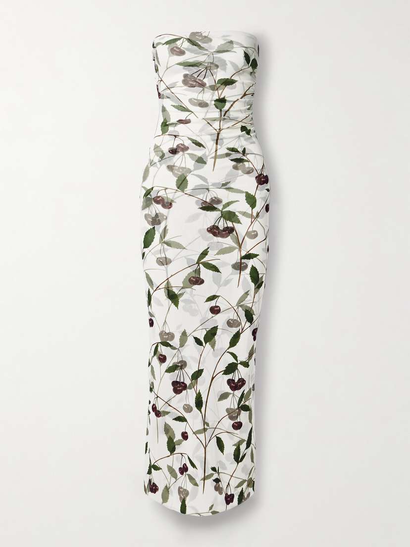 Stella McCartney Strapless Ruched Printed Stretch-mesh Maxi Dress