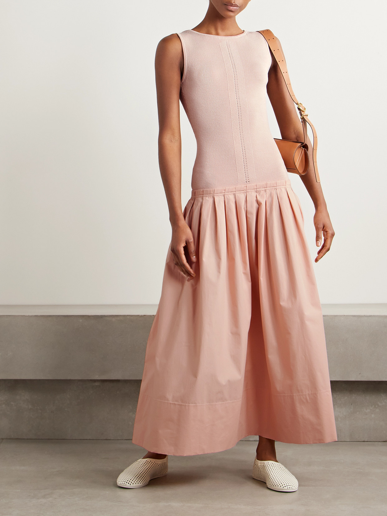 Shop Proenza Schouler White Label Gene Pointelle-knit Silk And Cotton-blend And Pleated Cotton-poplin Midi Dress