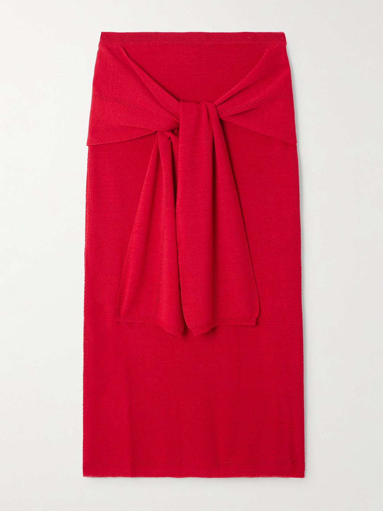 PROENZA SCHOULER WHITE LABEL PHELAN TIE-FRONT POINTELLE-KNIT LINEN-BLEND MIDI SKIRT