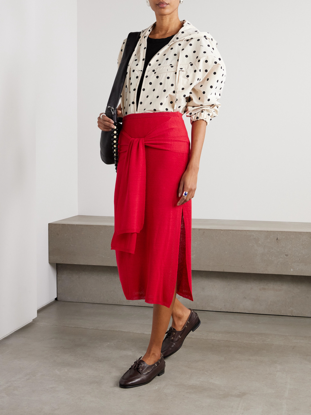 PROENZA SCHOULER WHITE LABEL PHELAN TIE-FRONT POINTELLE-KNIT LINEN-BLEND MIDI SKIRT