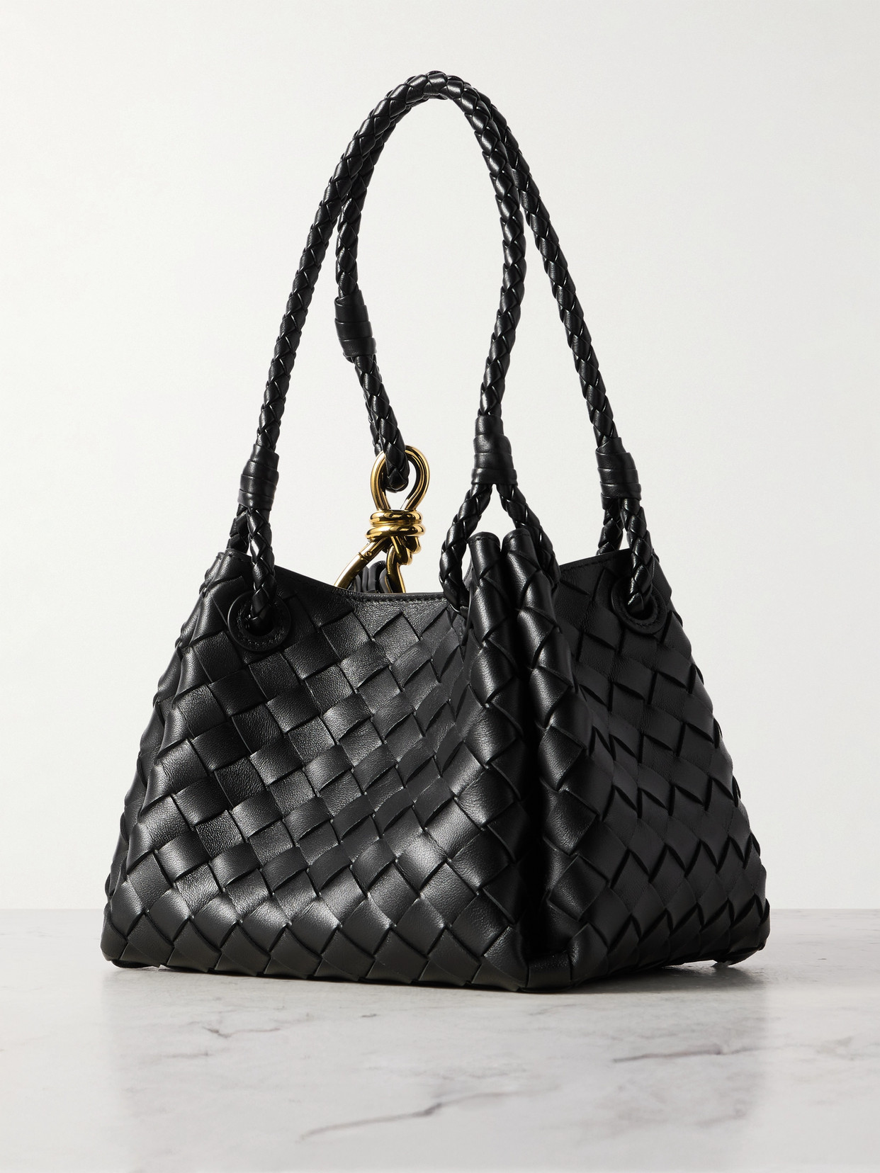 Bottega Veneta Women Parachute Small Leather Shoulder Bag With Intrecciato Motif In Black