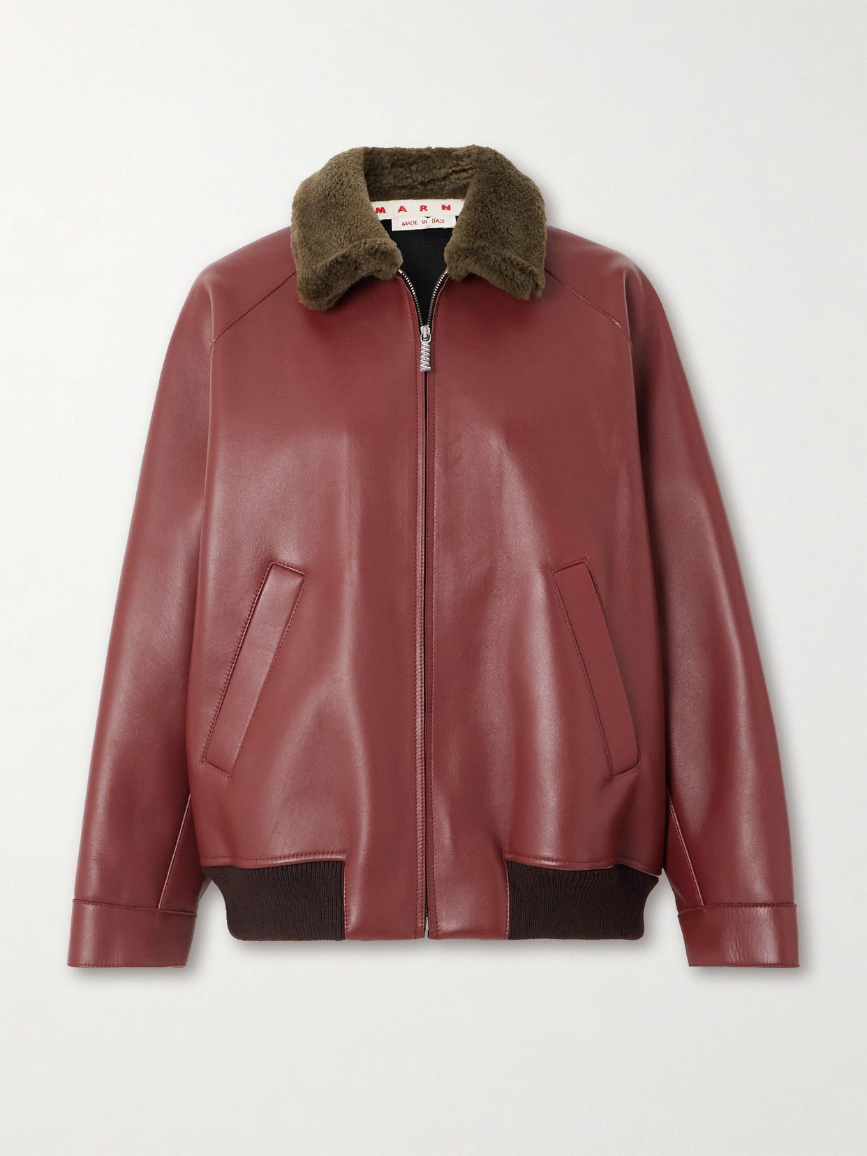 Marni Shearling-trimmed Leather Bomber Jacket In Burgundy