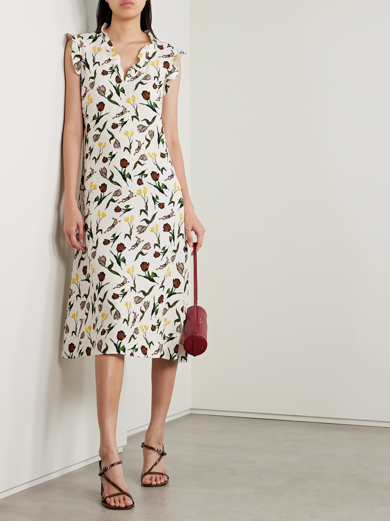 Marni Ruffled Printed Crepe Midi Dress