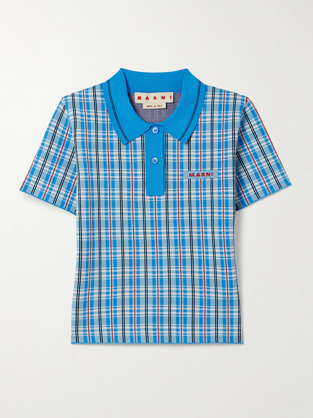 Marni Checked Jacquard-knit Polo Top In Blue