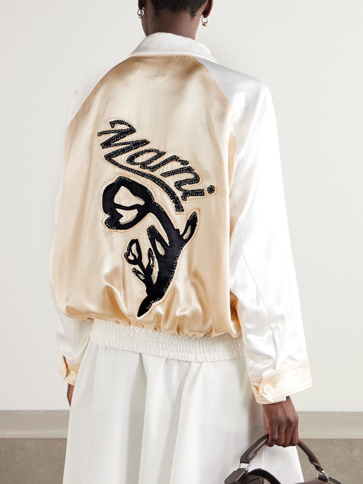 Appliquéd Two-Tone Satin Bomber Jacket
