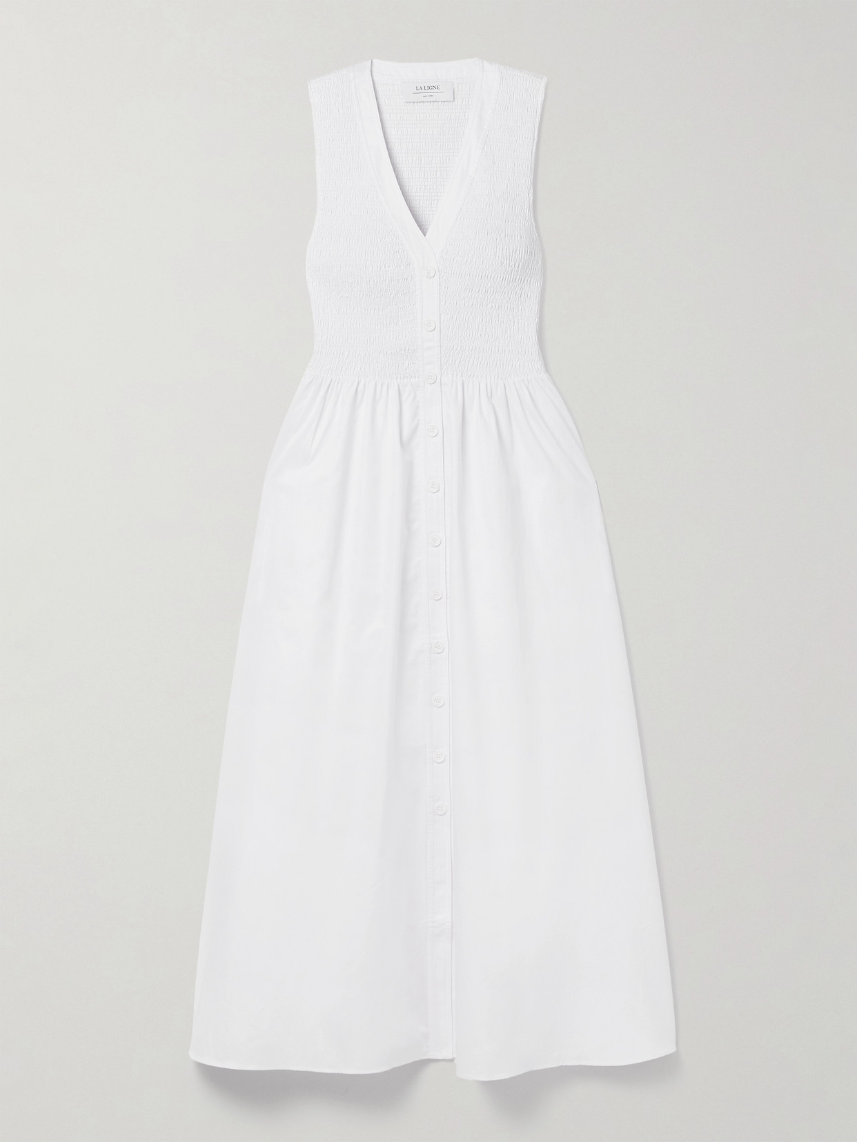La Ligne Shirred Cotton-poplin Midi Dress In White