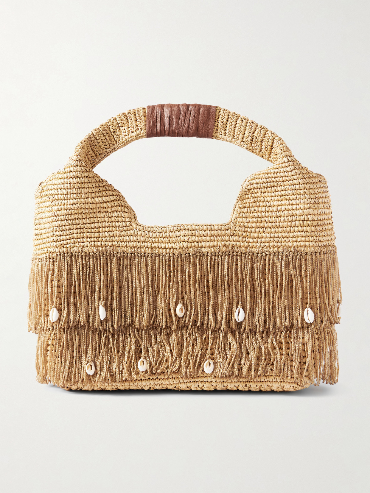 Sensi Studio Leather-trimmed Embellished Fringed Straw Tote