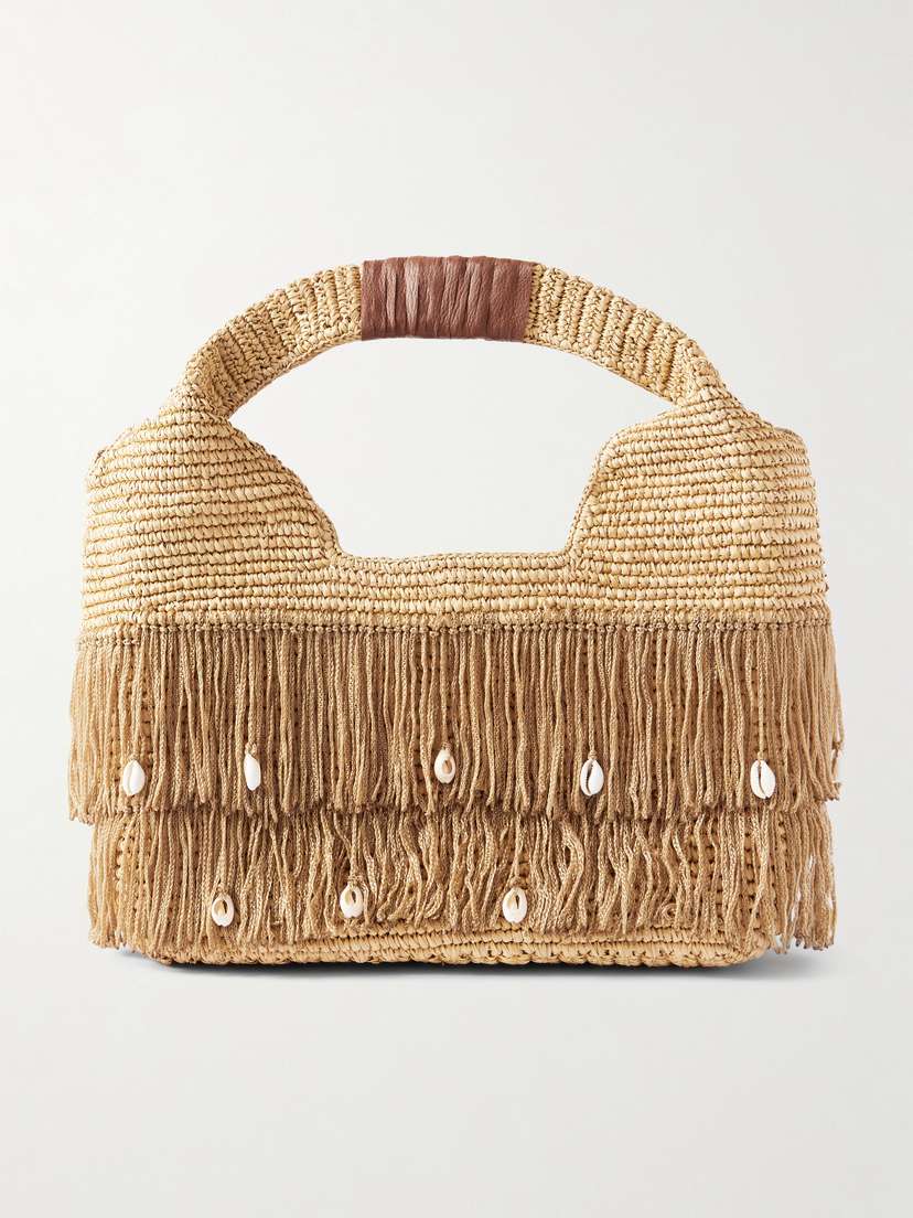 SENSI STUDIO Leather-trimmed Embellished Fringed Straw Tote