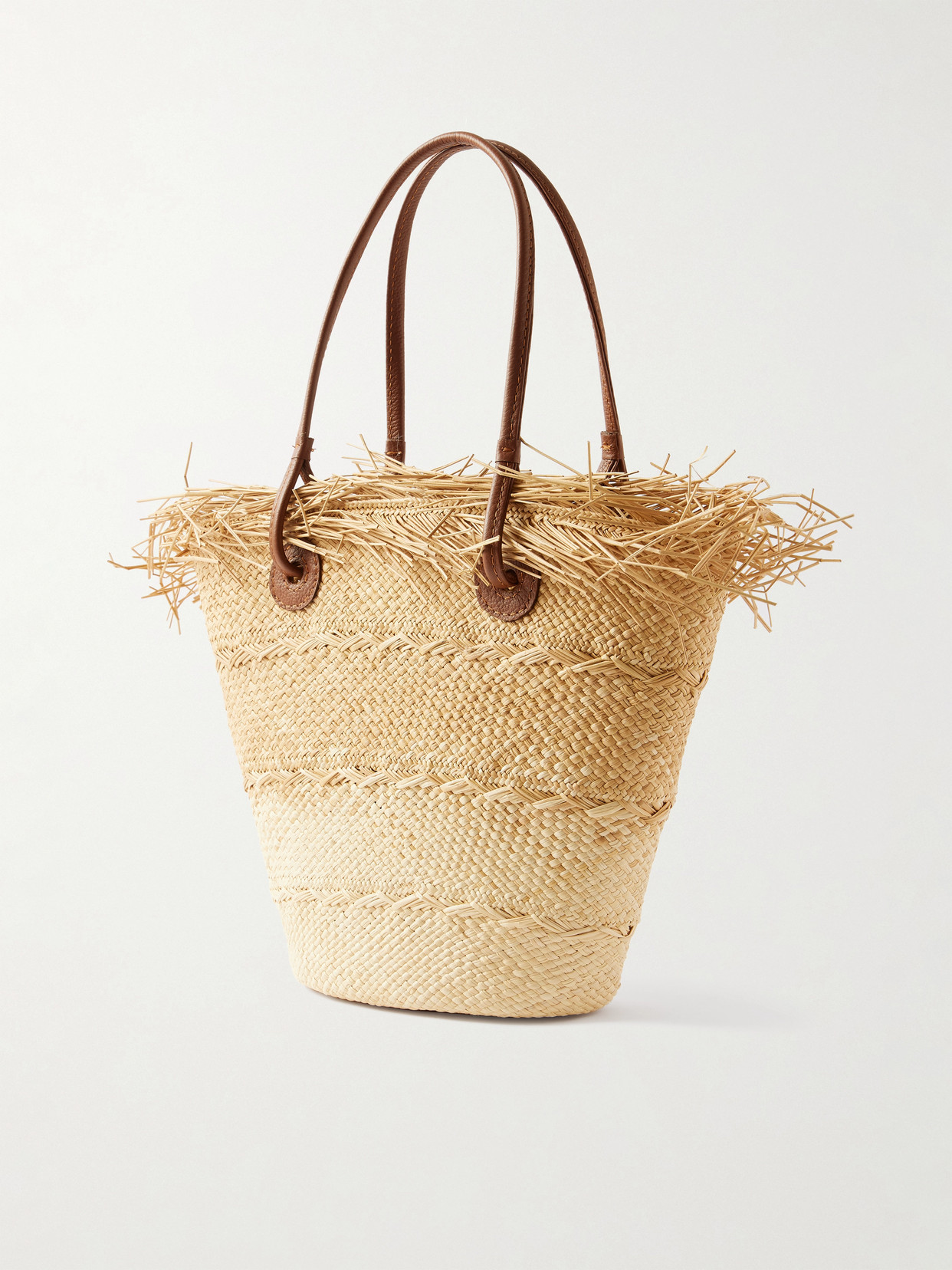Leather-Trimmed Frayed Ombré Straw Tote