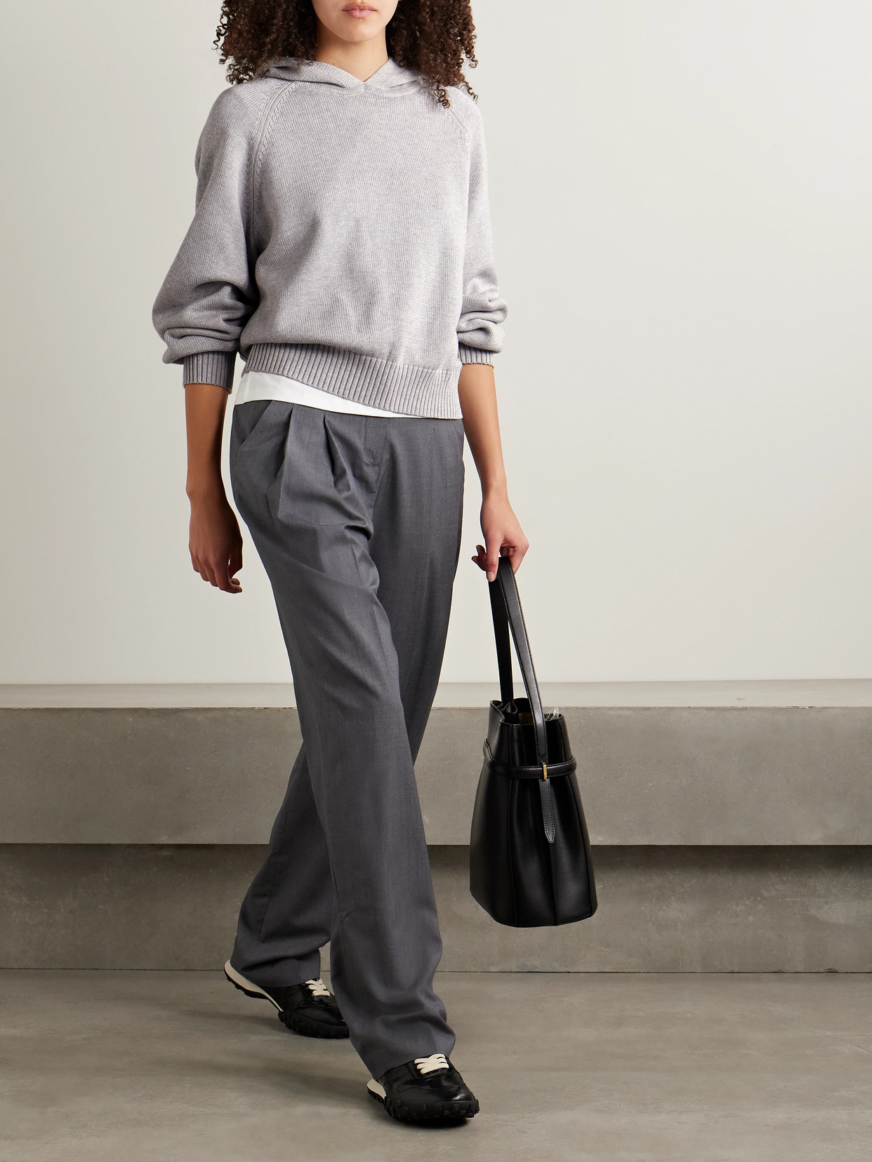 La Ligne Jill Hooded Pleated Cotton Hoodie In Gray