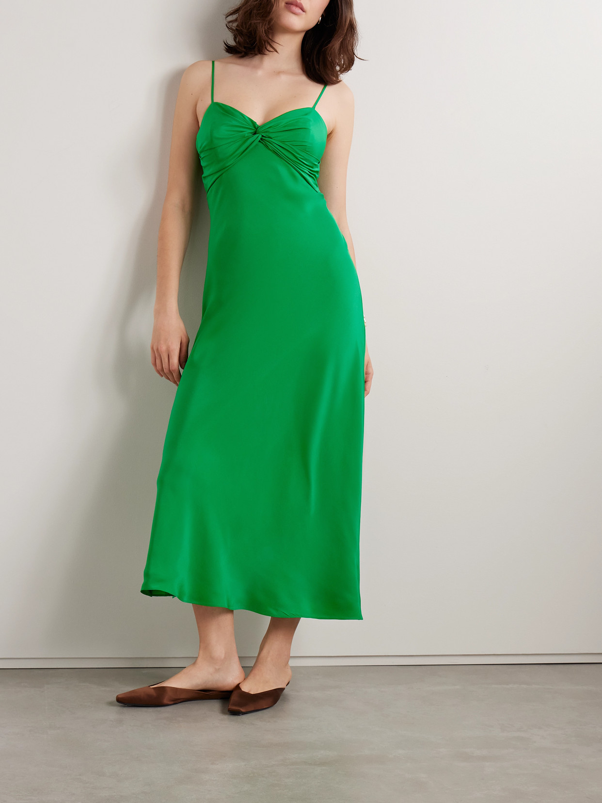 La Ligne Twist-front Cutout Silk Midi Dress In Green