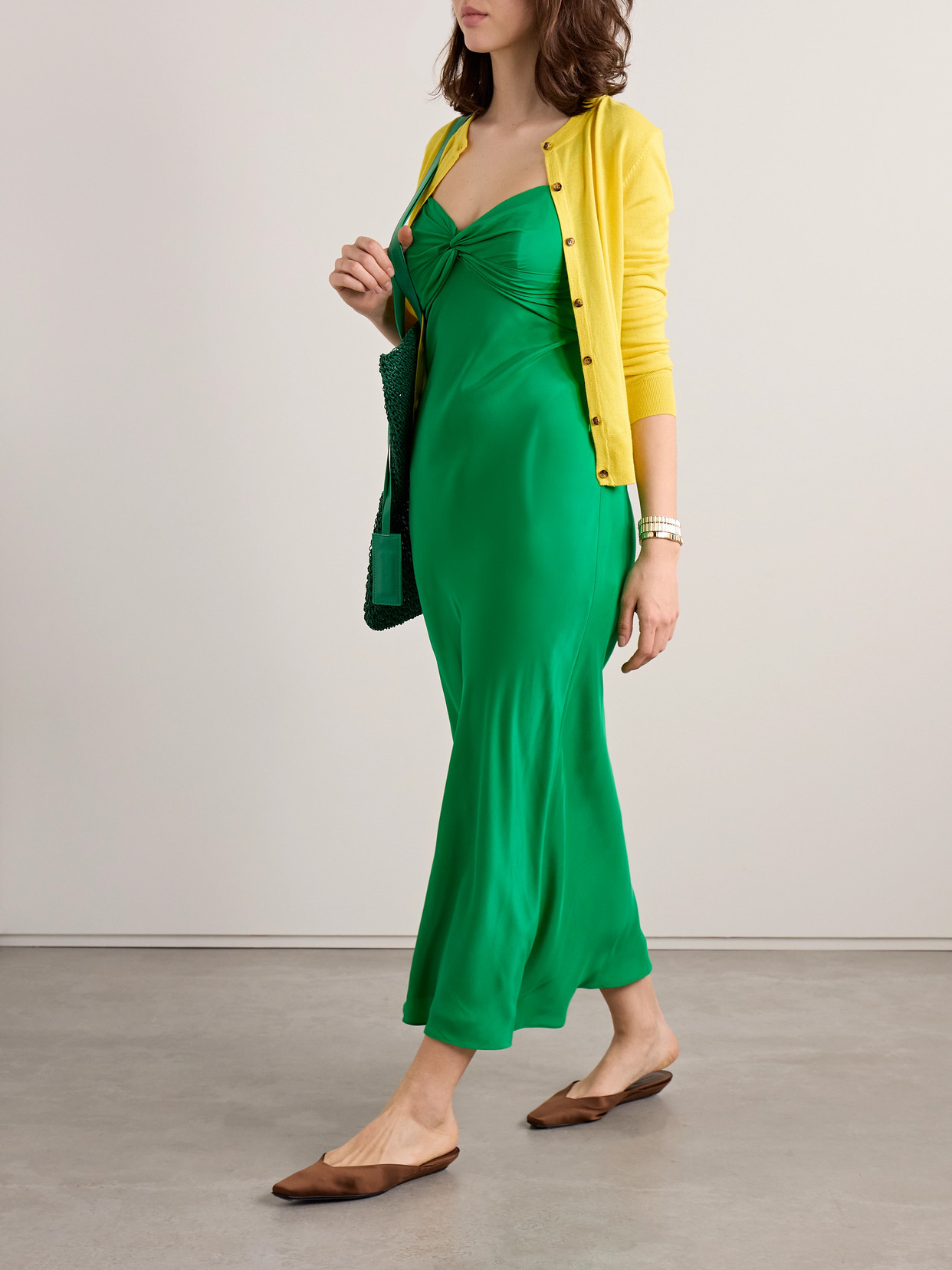 La Ligne Twist-front Cutout Silk Midi Dress In Green