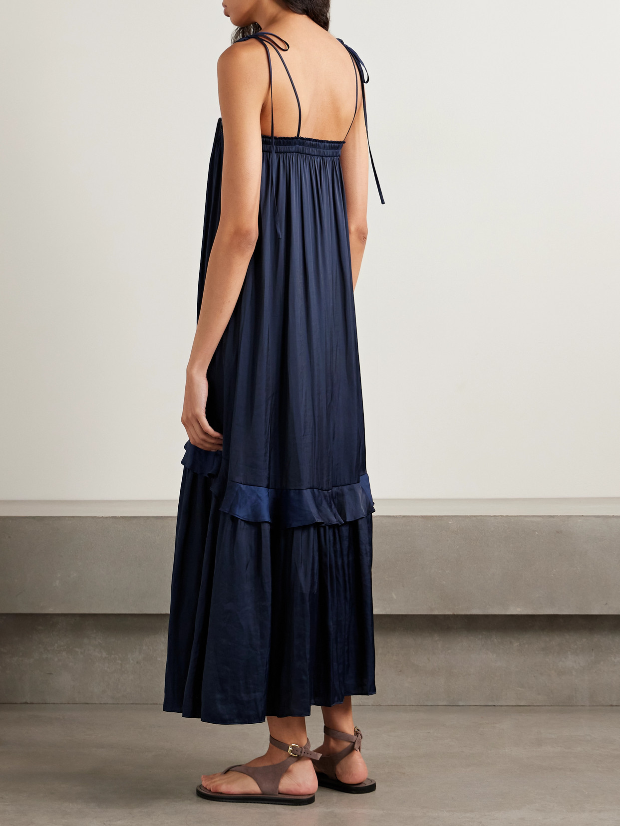 La Ligne Fleur Ruffled Crinkled-satin Maxi Dress In Blue