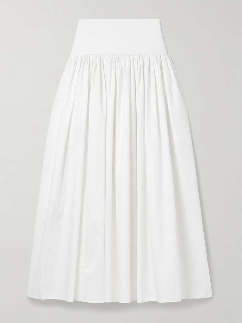 La Ligne Laurence Stretch Knit-trimmed Gathered Cotton-poplin Midi Skirt