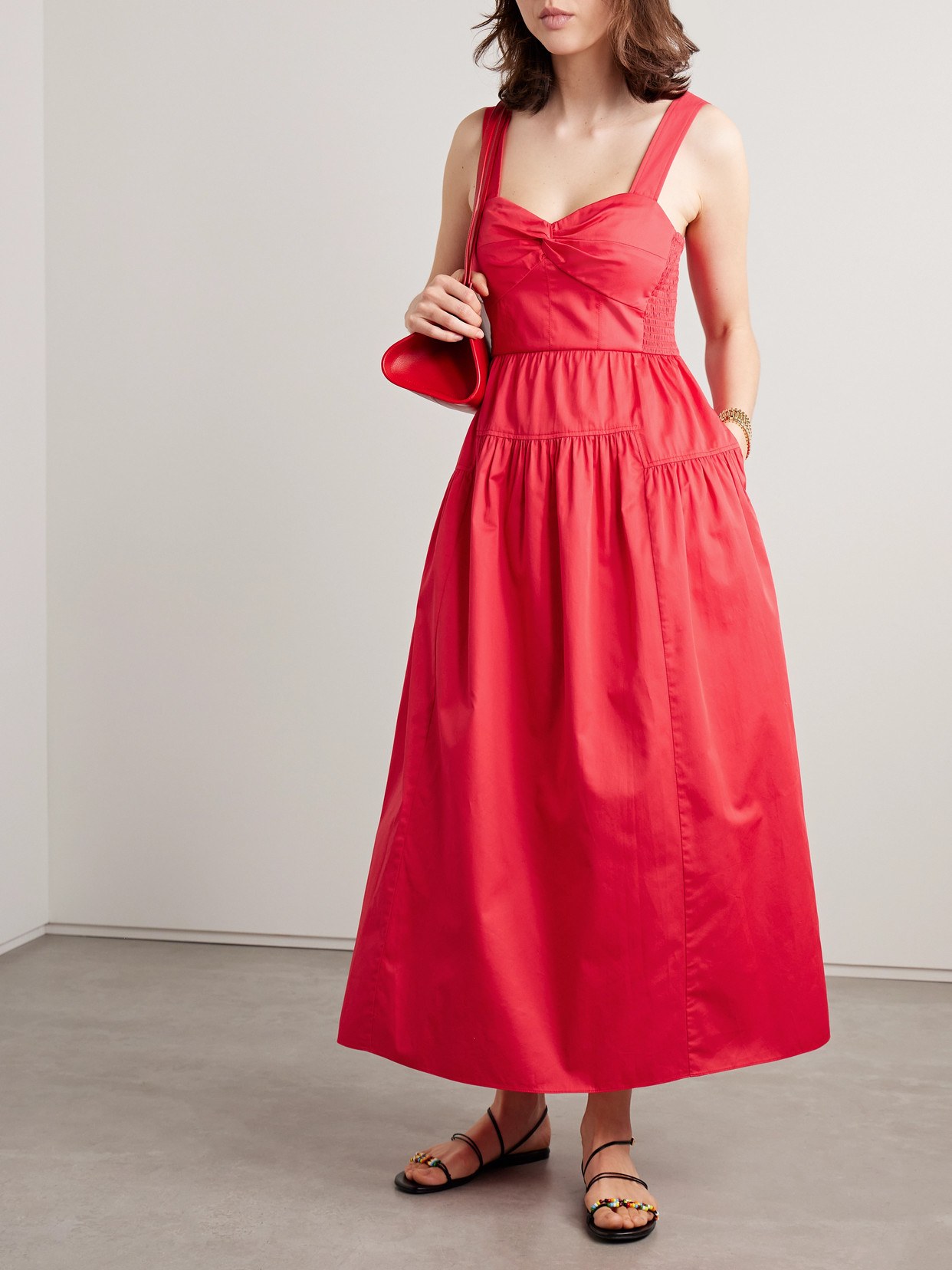 La Ligne Gathered Cotton-poplin Midi Dress In Red