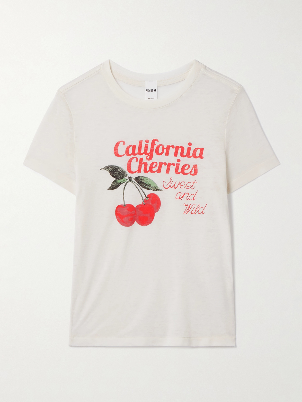 Re/done Tiny Cherries Printed Organic And Recycled Cotton-blend Jersey T-shirt In White