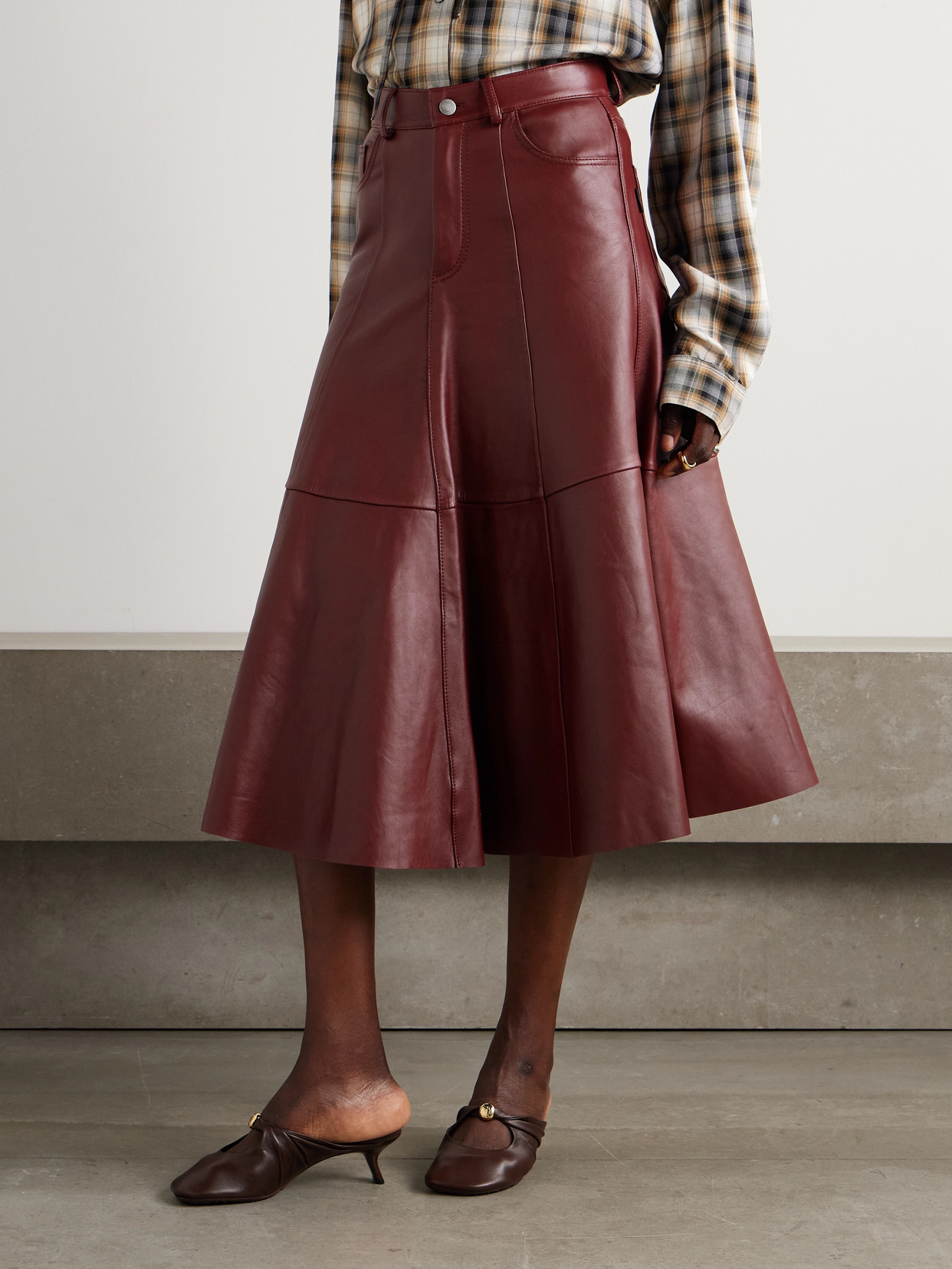 Haikure Serenity Paneled Leather Midi Skirt In Brown
