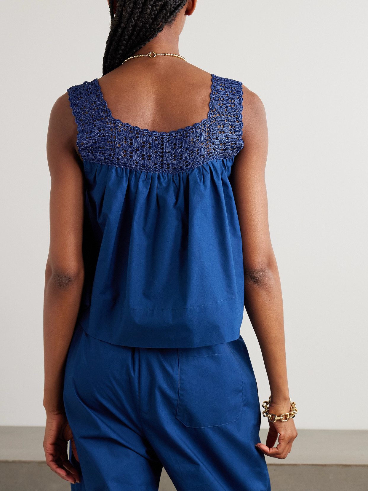 Calle Del Mar Heirloom Crochet-trimmed Gathered Cotton-poplin Top In Blue