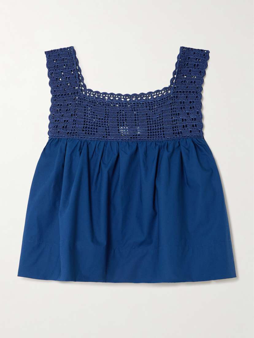 Calle Del Mar Heirloom Crochet-trimmed Gathered Cotton-poplin Top