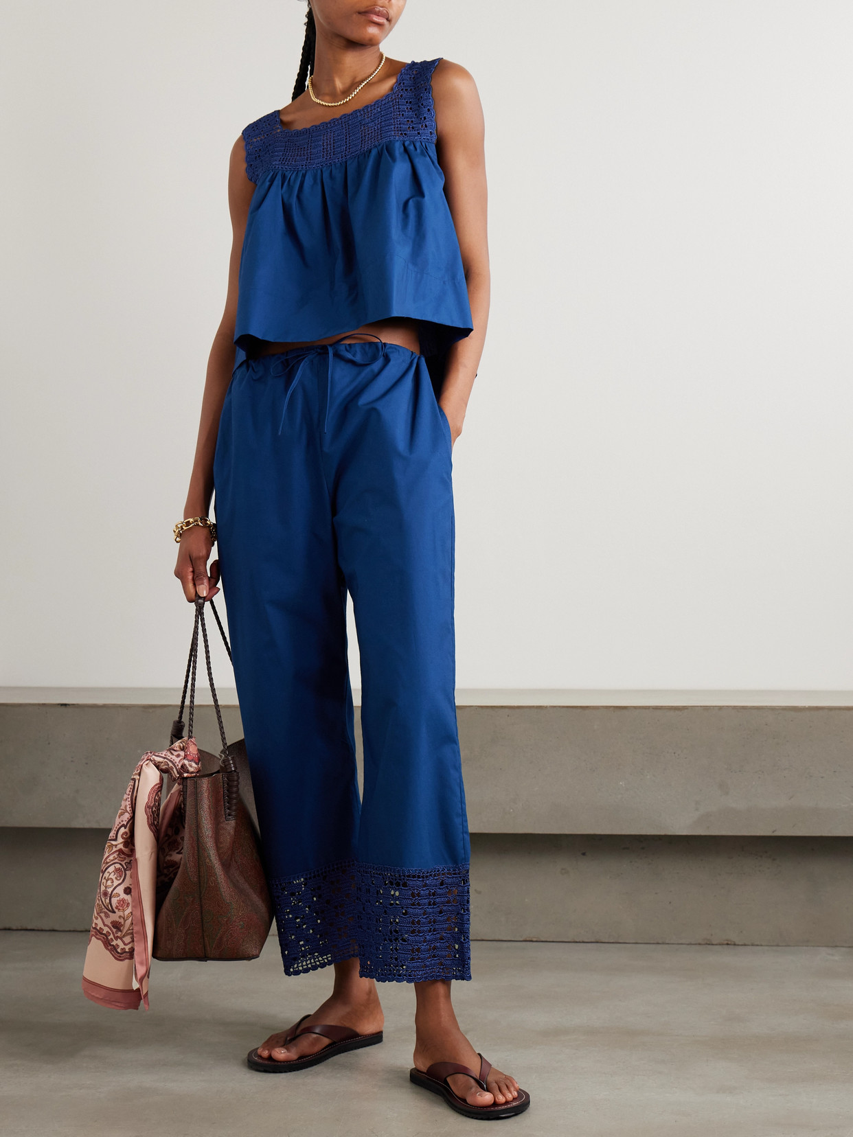 Calle Del Mar Heirloom Crochet-trimmed Gathered Cotton-poplin Top In Blue