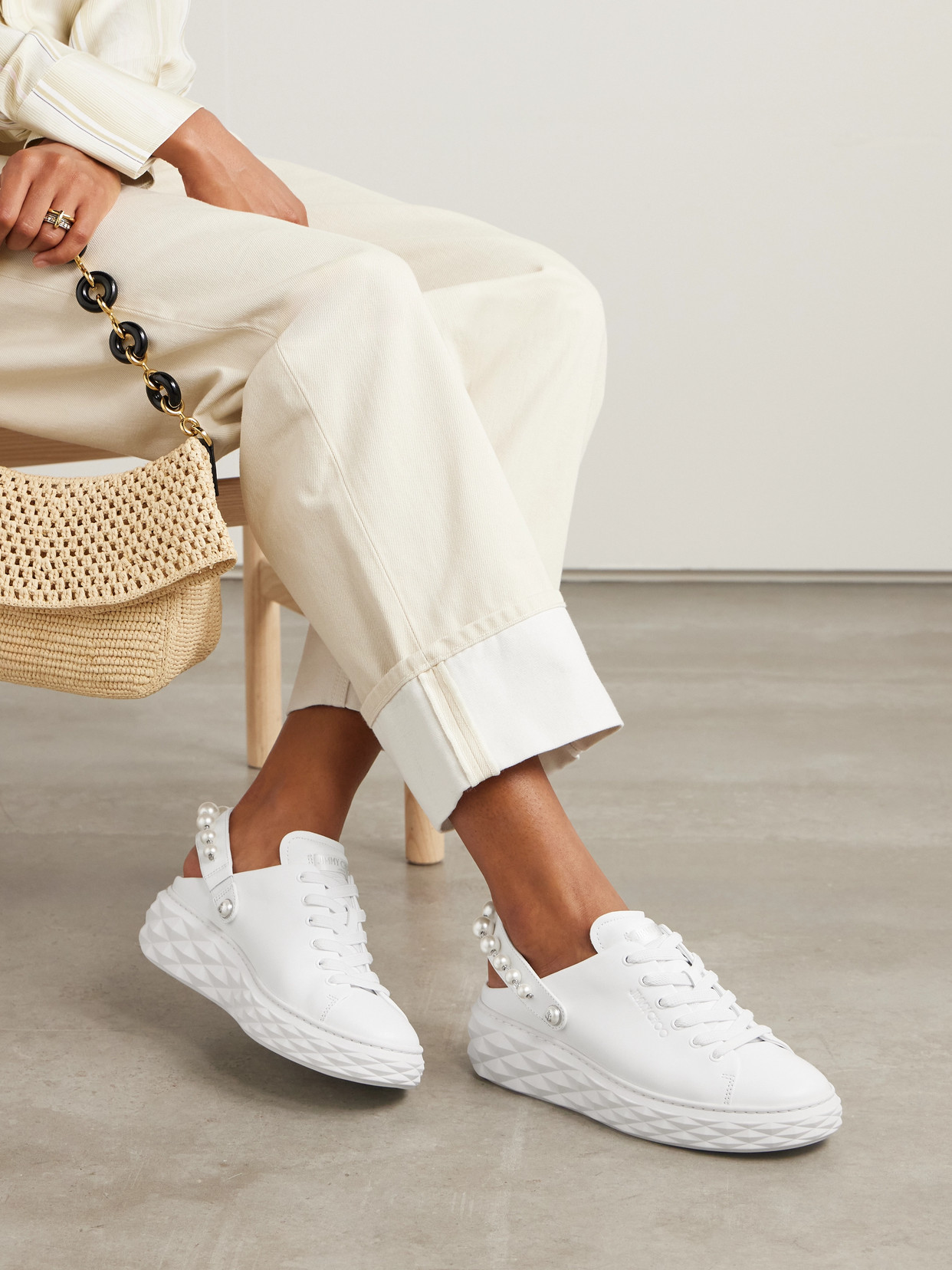 Jimmy Choo Faux Pearl-embellished Leather Slingback Sneakers