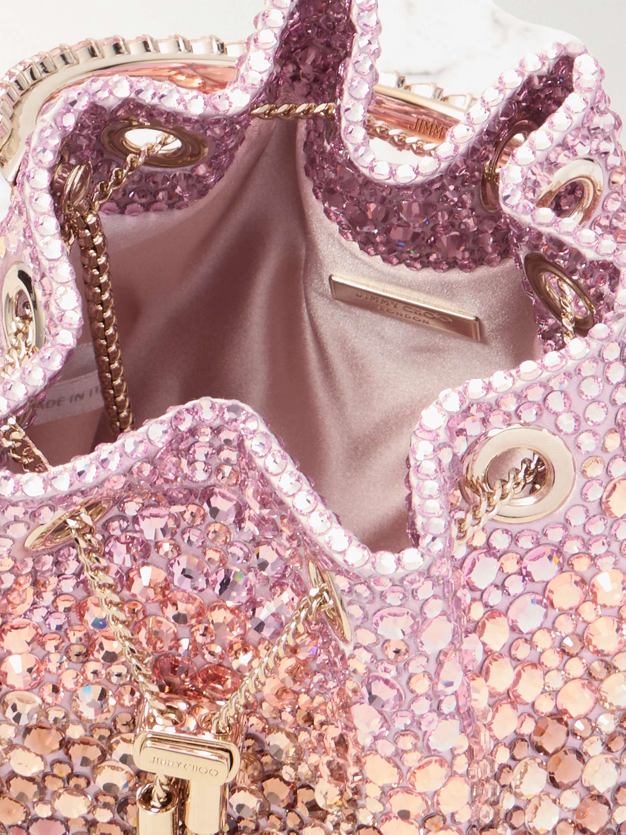 JIMMY CHOO Bon Bon crystal-embellished satin bucket bag