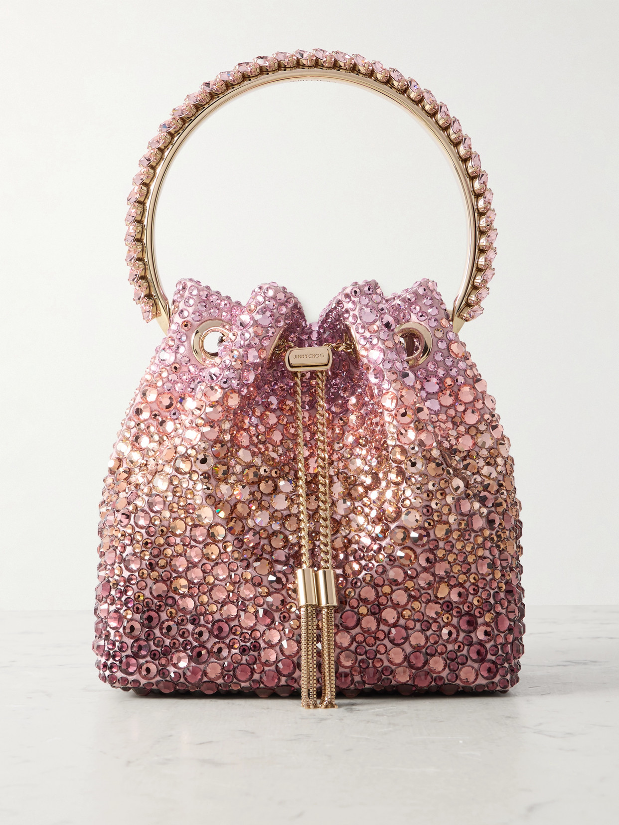 Jimmy Choo Bon Bon Crystal-embellished Satin Bucket Bag In Pink
