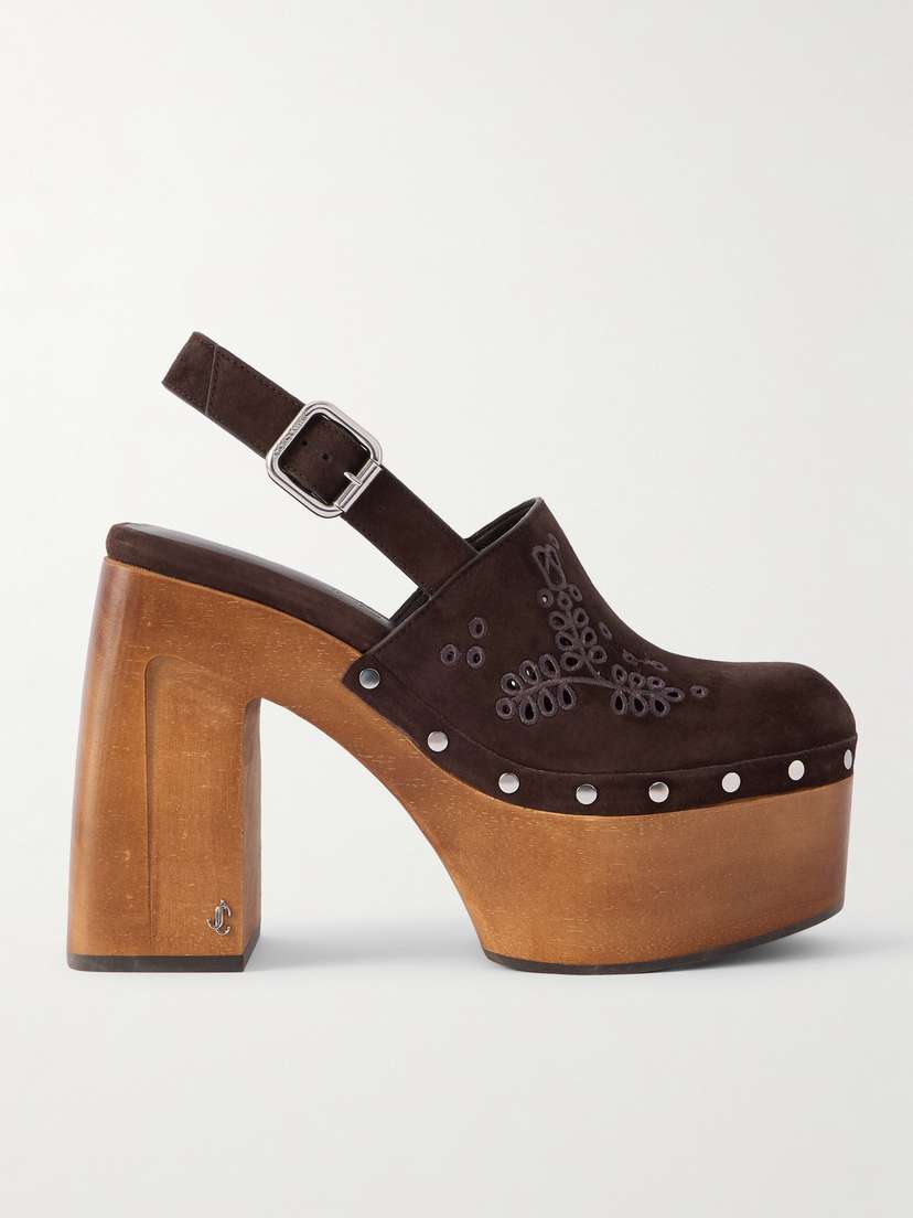 Jimmy Choo Alida 135 Embroidered Studded Suede Platform Clogs