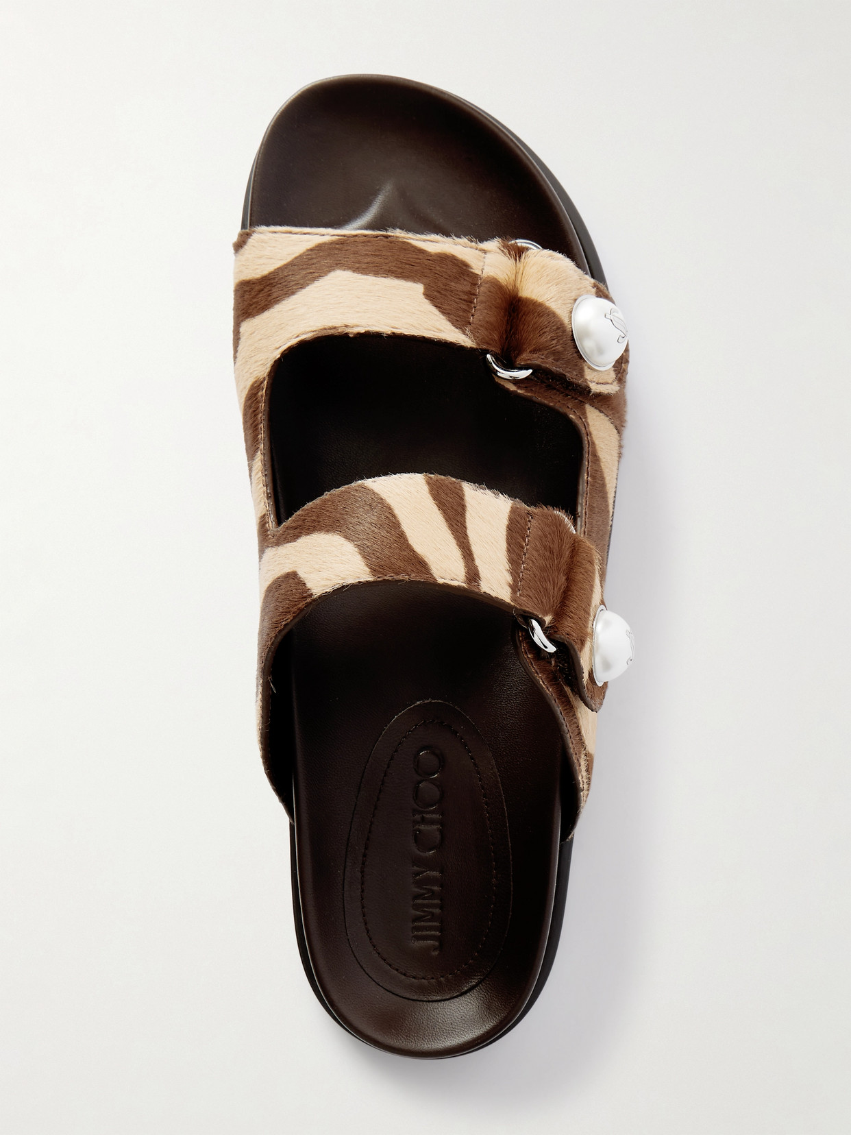 Jimmy Choo Faux Pearl-embellished Zebra-print Calf Hair Sandals In Brown