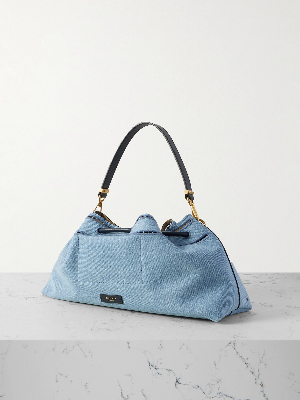 Jimmy Choo Cinch Leather-trimmed Broderie Anglaise Denim Shoulder Bag