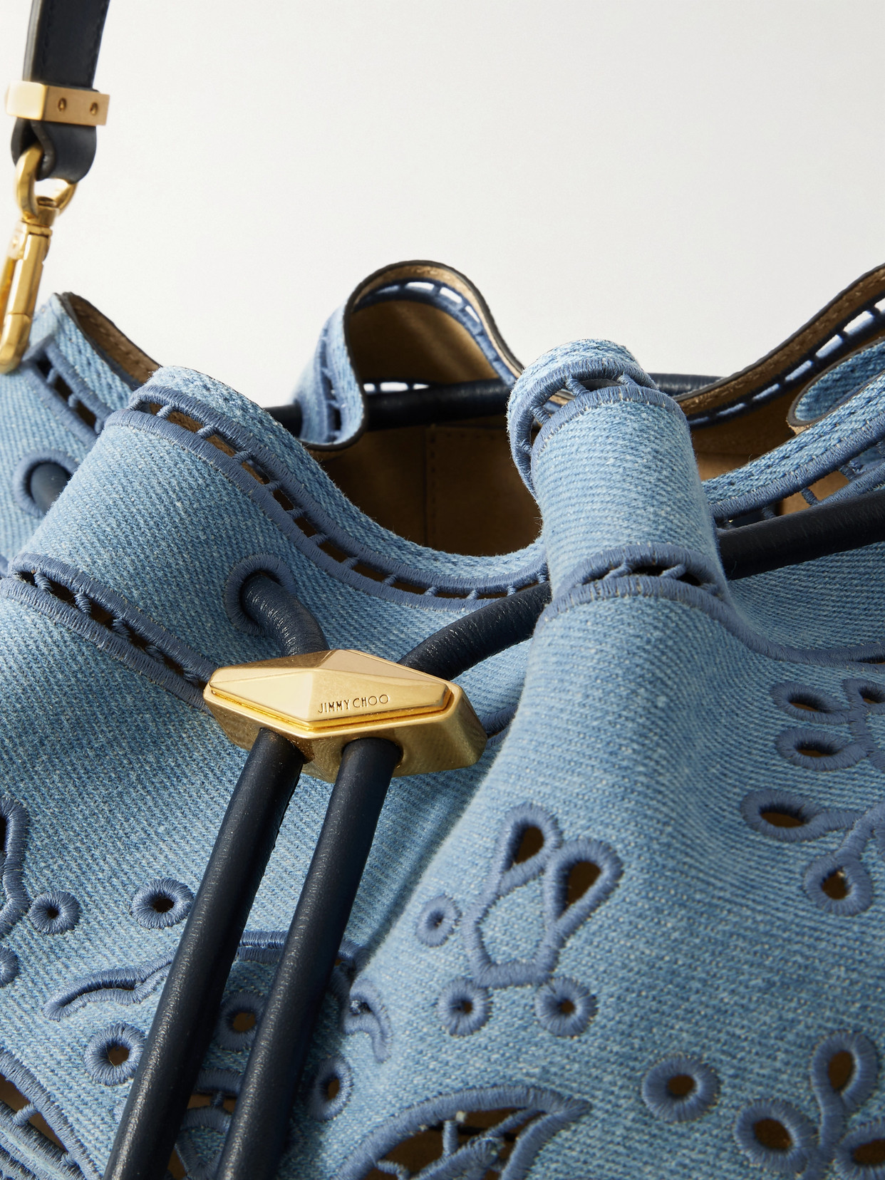 Jimmy Choo Cinch Leather-trimmed Broderie Anglaise Denim Shoulder Bag