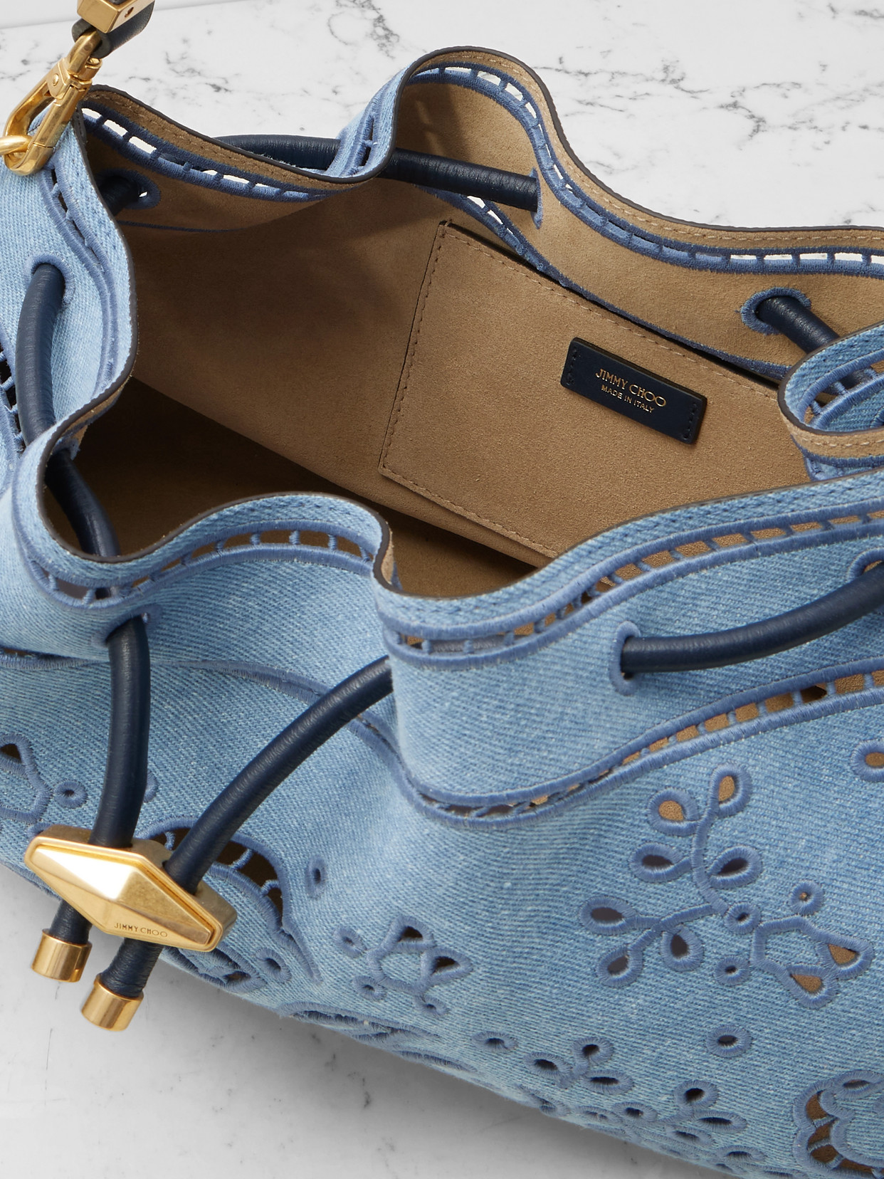 Jimmy Choo Cinch Leather-trimmed Broderie Anglaise Denim Shoulder Bag
