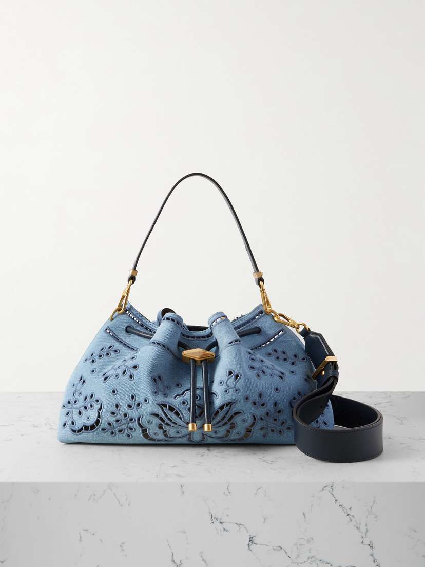 Jimmy Choo Cinch Leather-trimmed Broderie Anglaise Denim Shoulder Bag