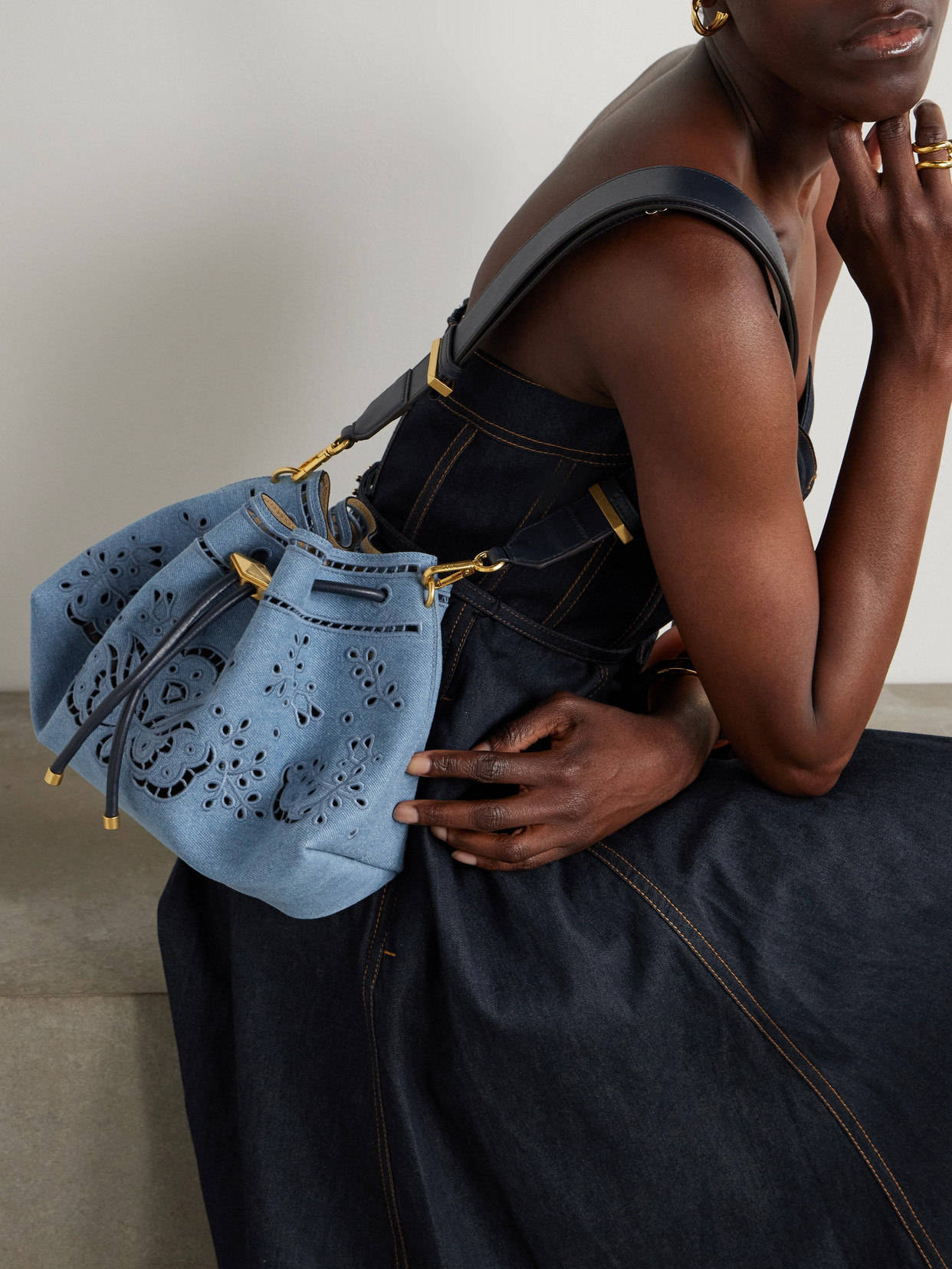 Jimmy Choo Cinch Leather-trimmed Broderie Anglaise Denim Shoulder Bag